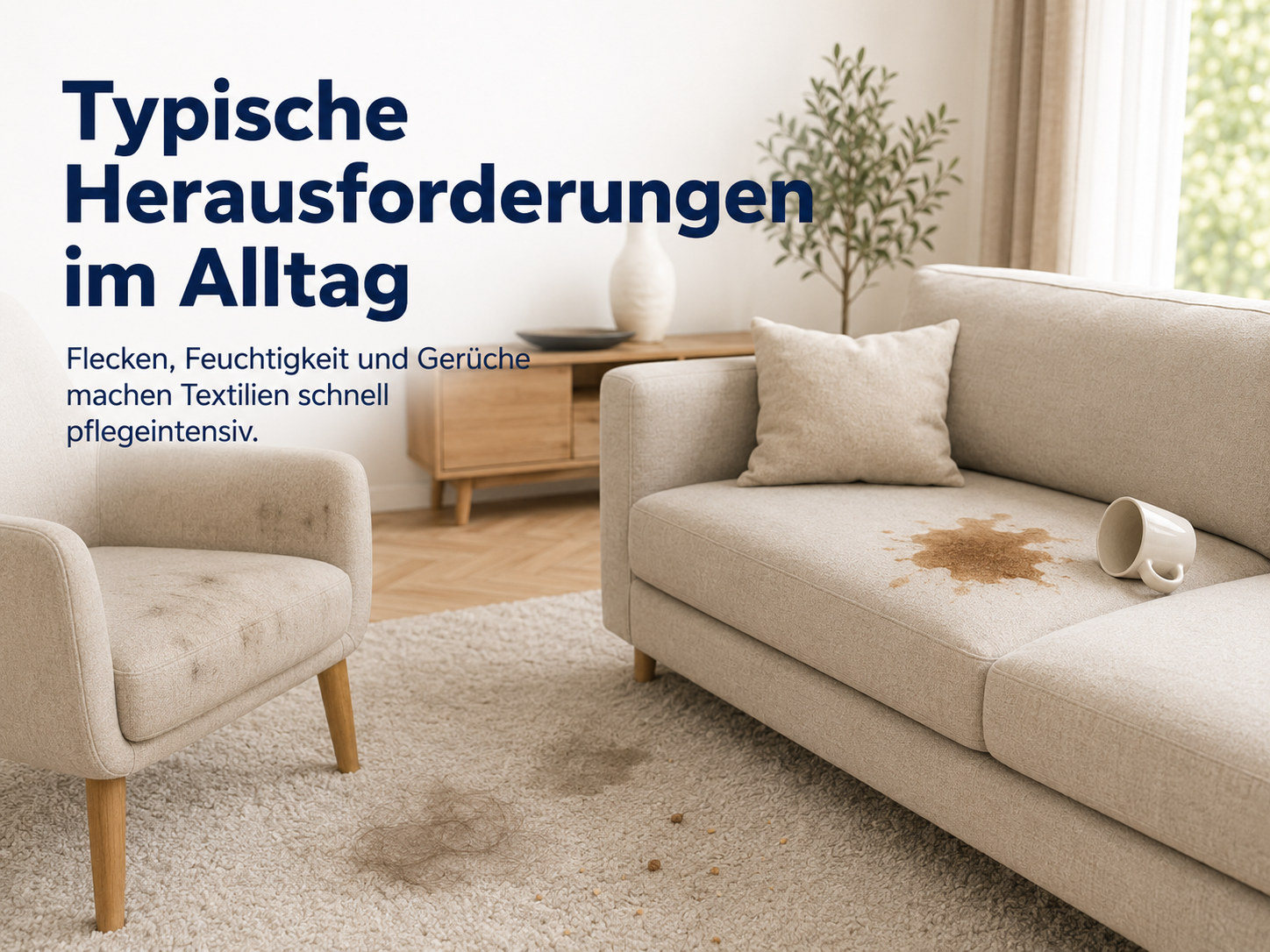 Wohnzimmer mit verschmutztem Sofa, verschütteter Flüssigkeit, Haaren auf dem Teppich und deutscheem Text.