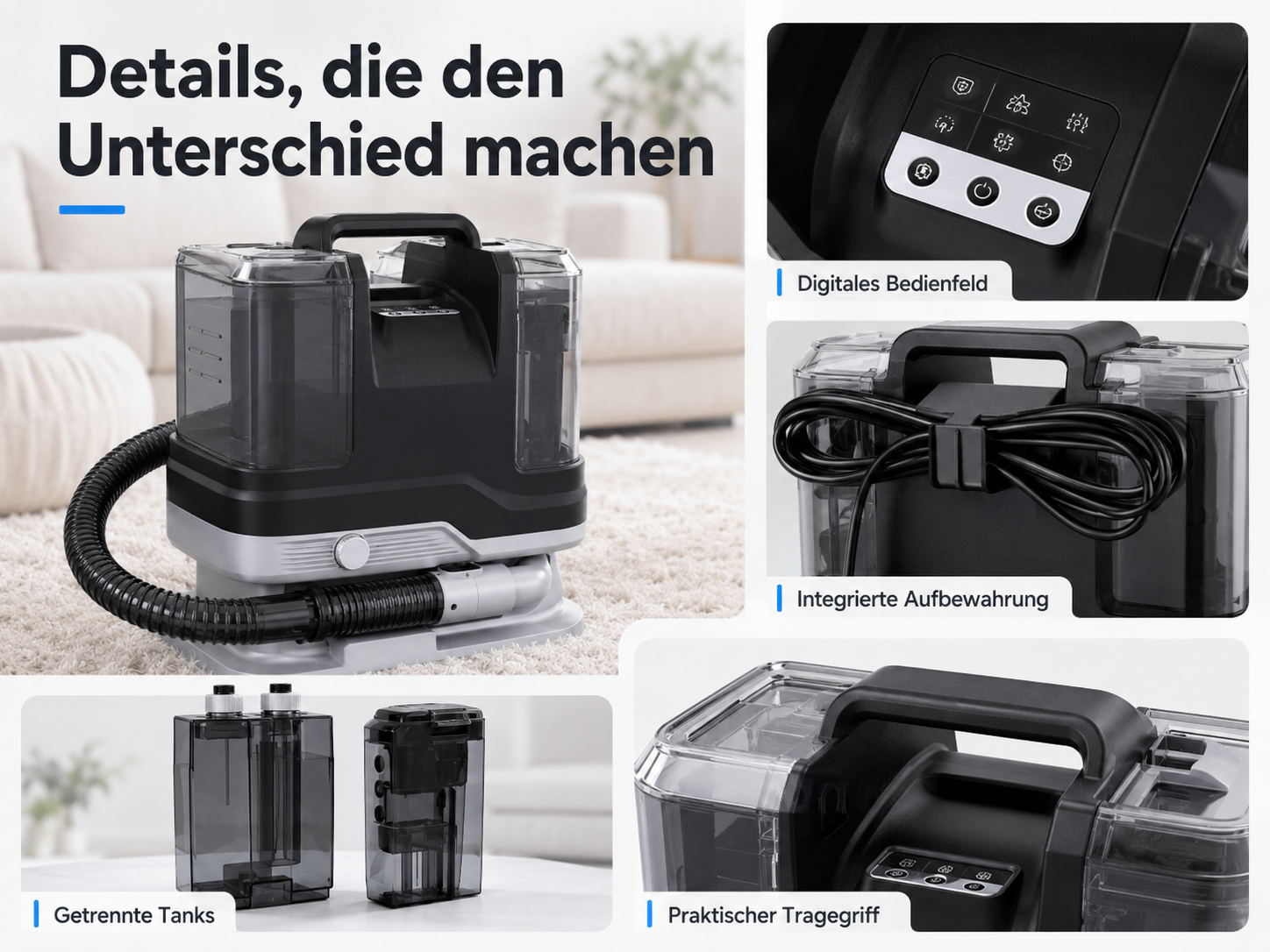 Ein schwarz-grauer Teppichreiniger mit doppelten Tanks, digitalem Bedienfeld, Kabelhalterung und Tragegriff.