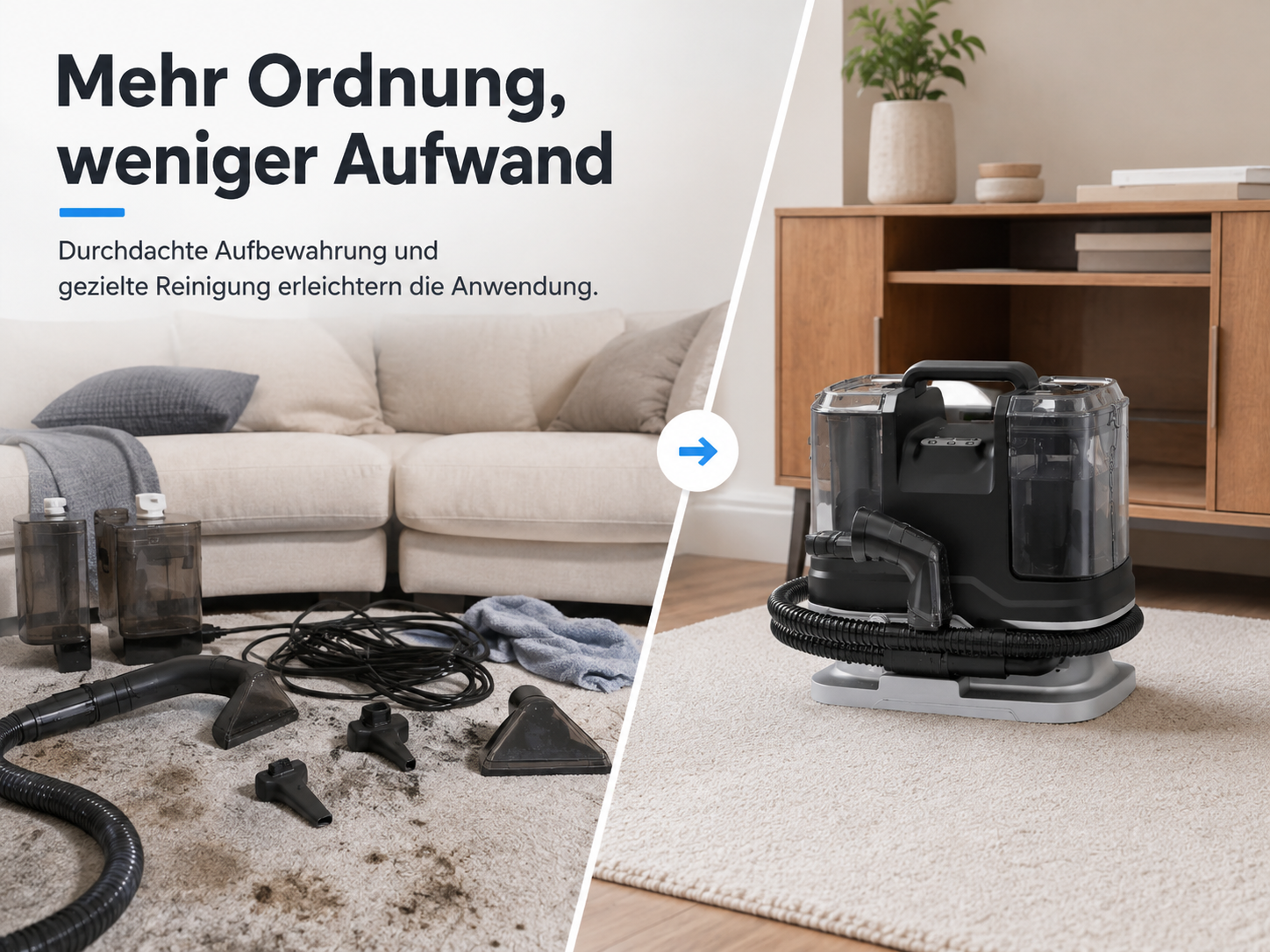 Ein geteiltes Bild zeigt schmutzigen Teppich links und sauberen Teppich mit ordentlichem Teppichreiniger rechts.