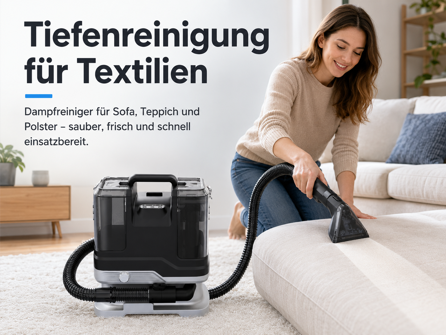 Eine Frau nutzt einen Dampfreiniger auf einem Sofa im Wohnzimmer, begleitet von deutschem Werbetext.