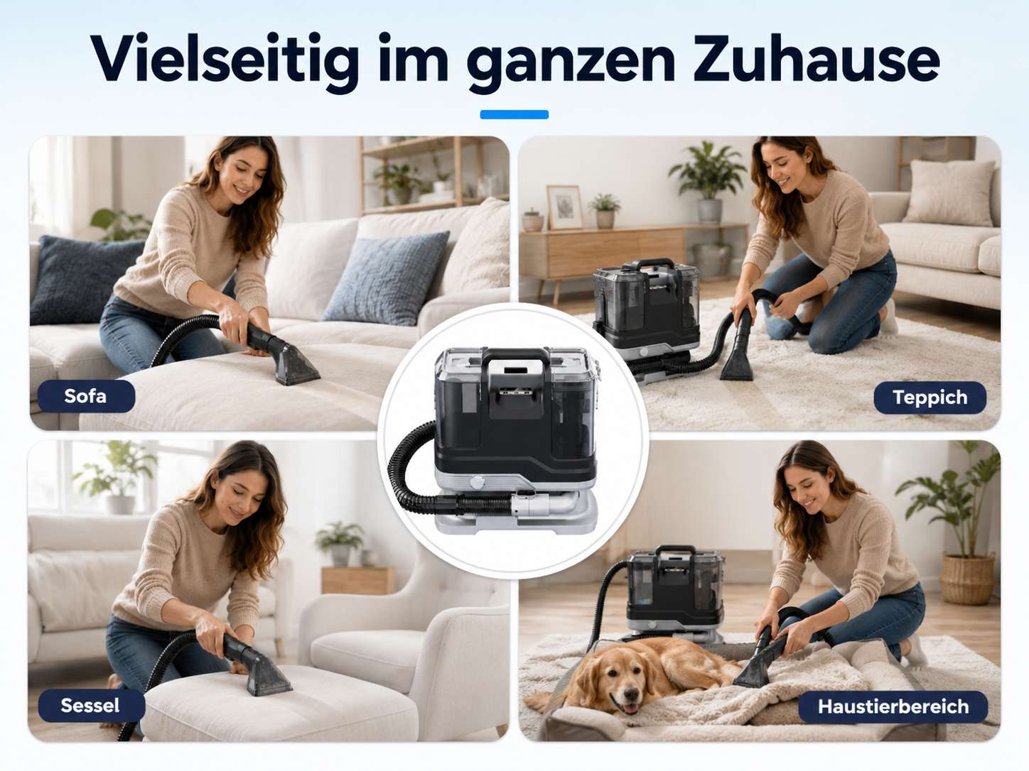 Ein Reinigungsgerät im Einsatz auf Sofa, Teppich, Sessel und im Haustierbereich.