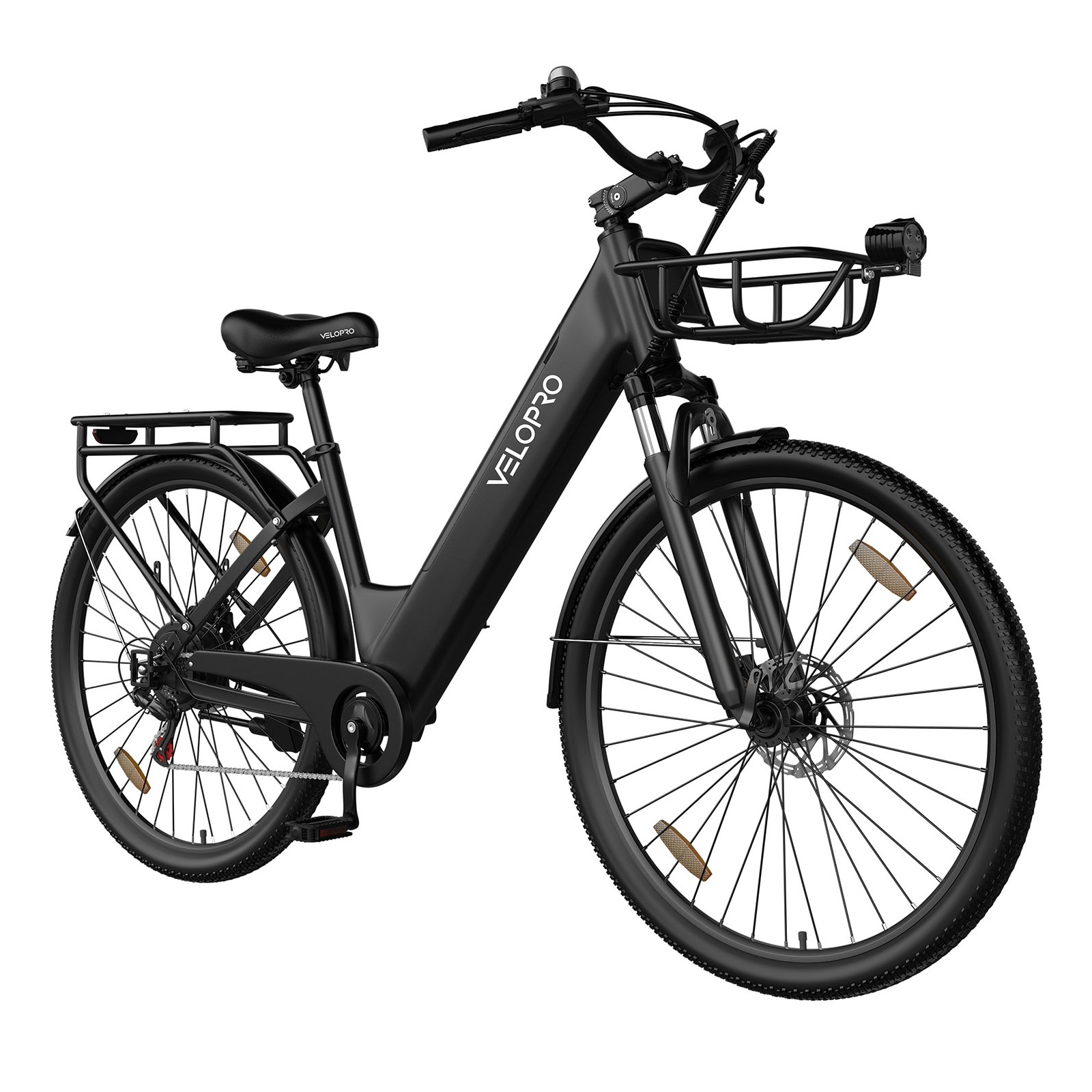 Una bicicleta eléctrica Velopro negra con parrillas delantera y trasera, cuadro bajo y luz sobre fondo blanco.