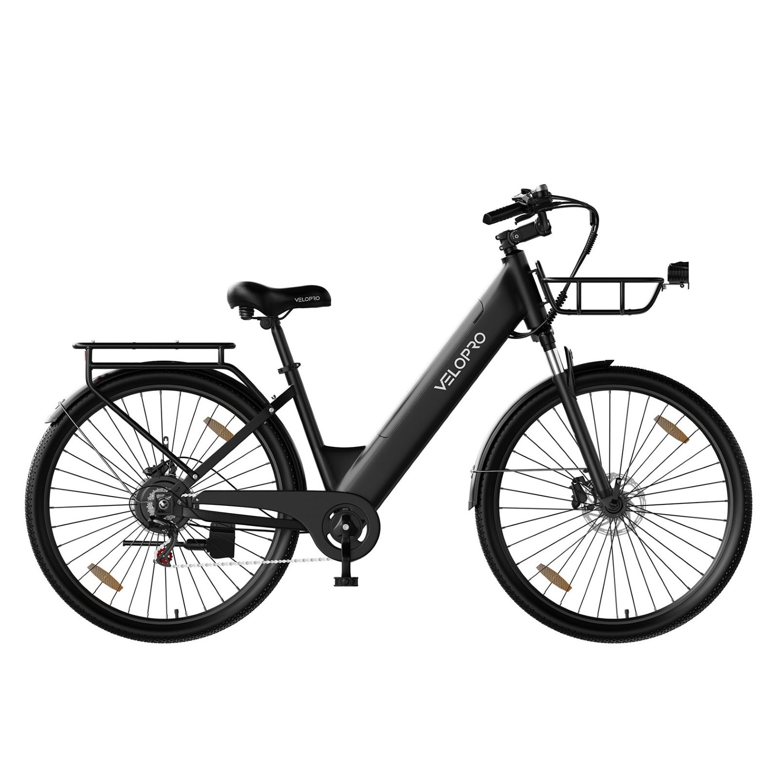Una bicicleta eléctrica Velopro negra con cesta delantera y portaequipajes trasero sobre fondo blanco.