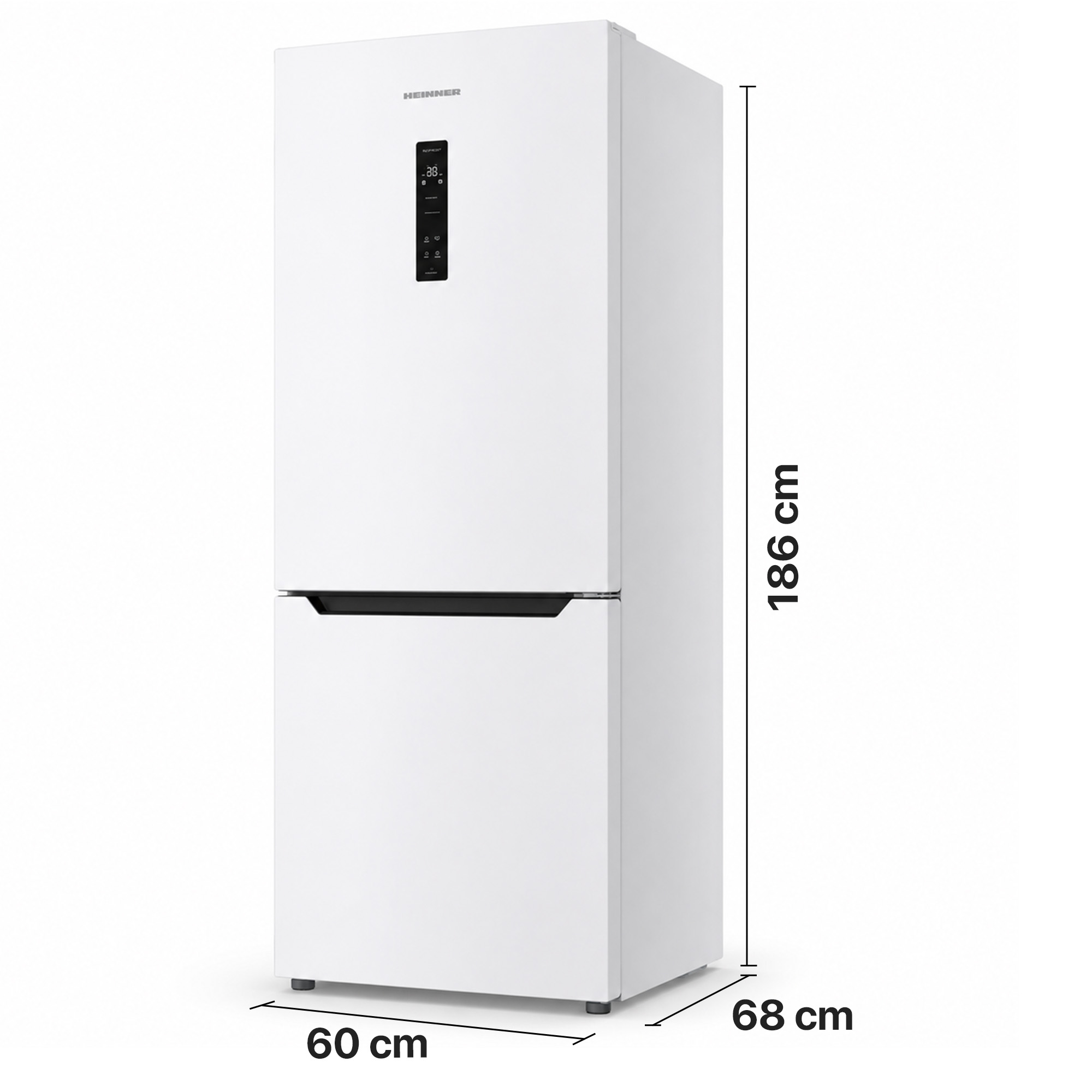 Een witte Heinner koelkast met afmetingen van 186 cm hoog, 60 cm breed en 68 cm diep tegen een witte achtergrond.