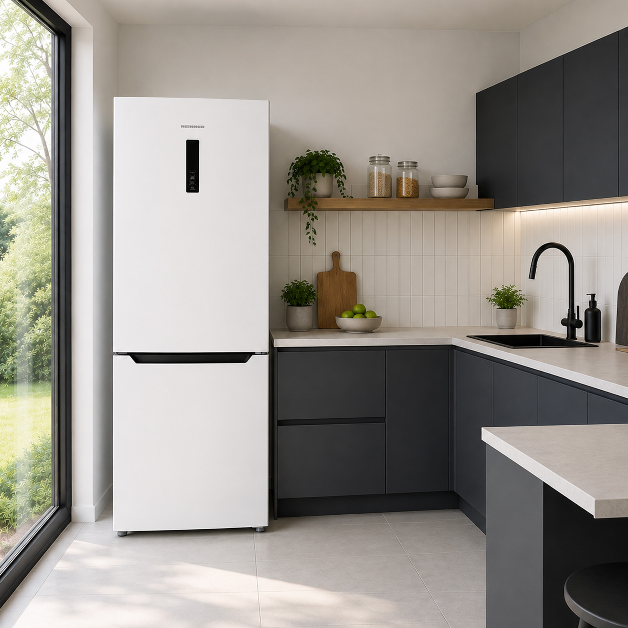 Moderne keuken met witte koelkast, donkere kasten, tegelwand en groot raam met zicht op groen.