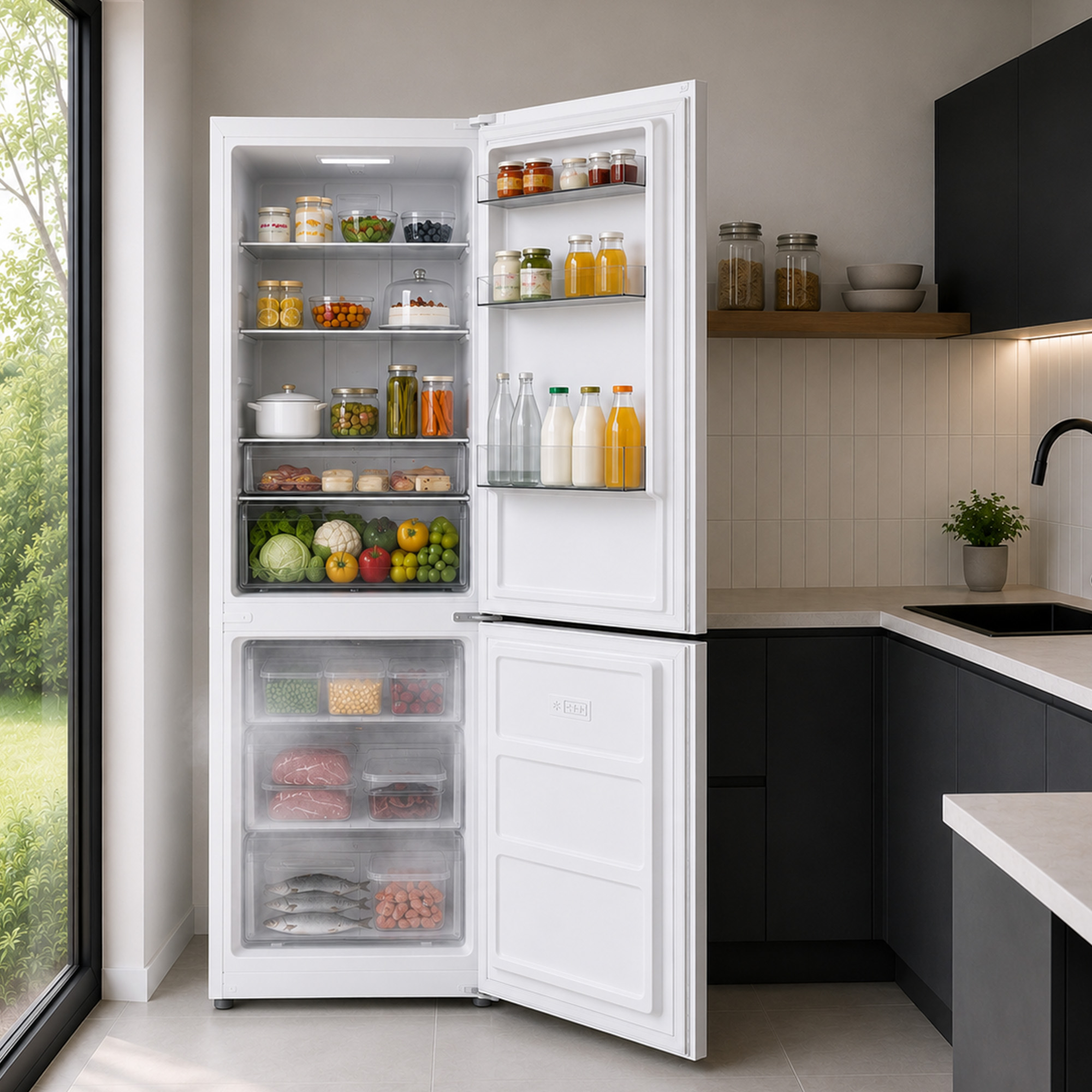 Een witte, open koelkast in een moderne keuken toont eten en drinken op planken.