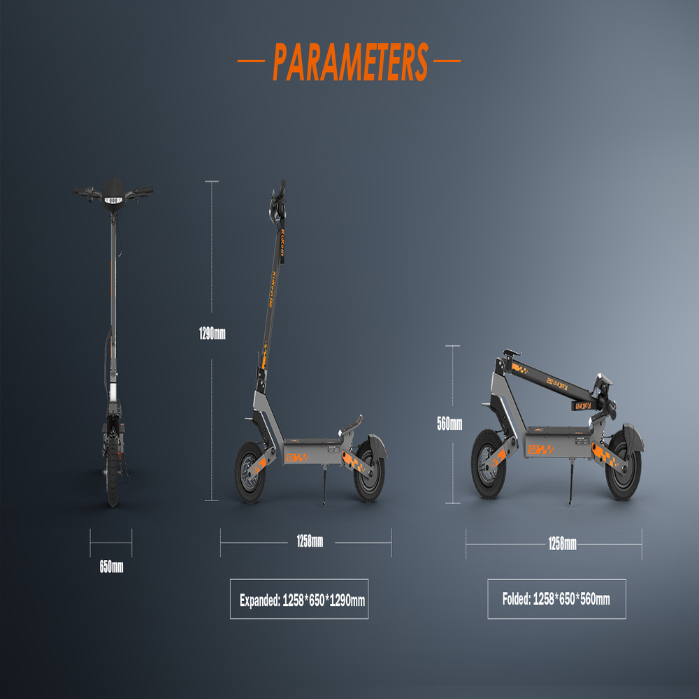 Diagramm zeigt die Abmessungen eines grauen Elektroscooters in ausgeklapptem und gefaltetem Zustand.