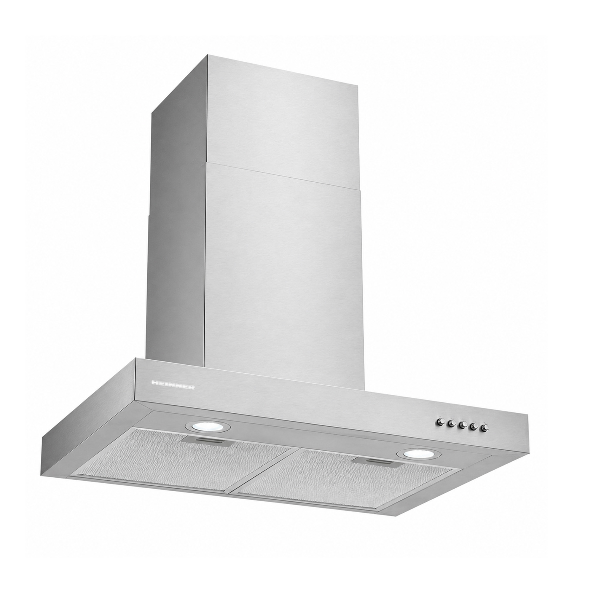 A stainless steel cooker hood with two LED lights and control buttons against a white background.