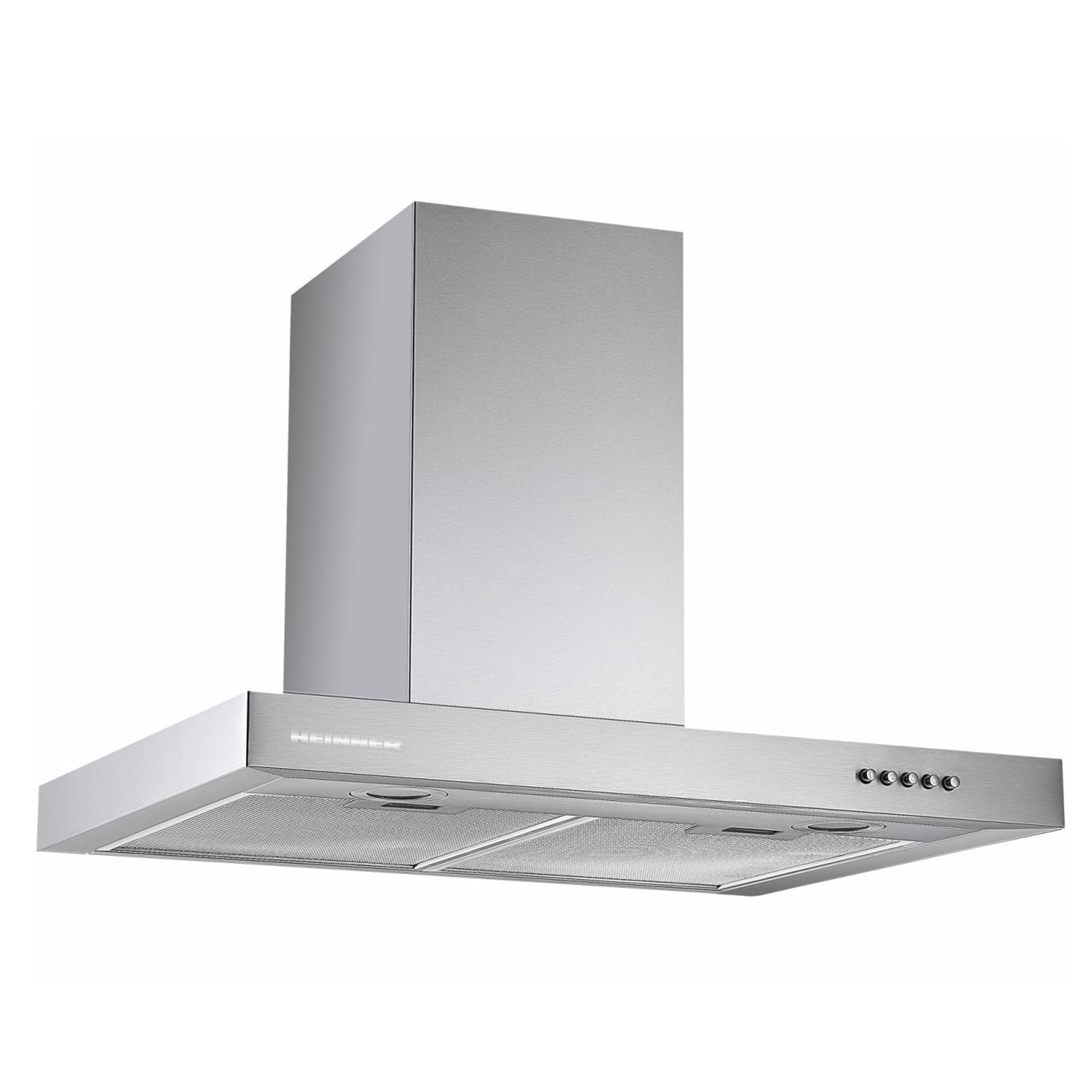 A silver stainless steel wall cooker hood with two filters and push buttons on a white background.