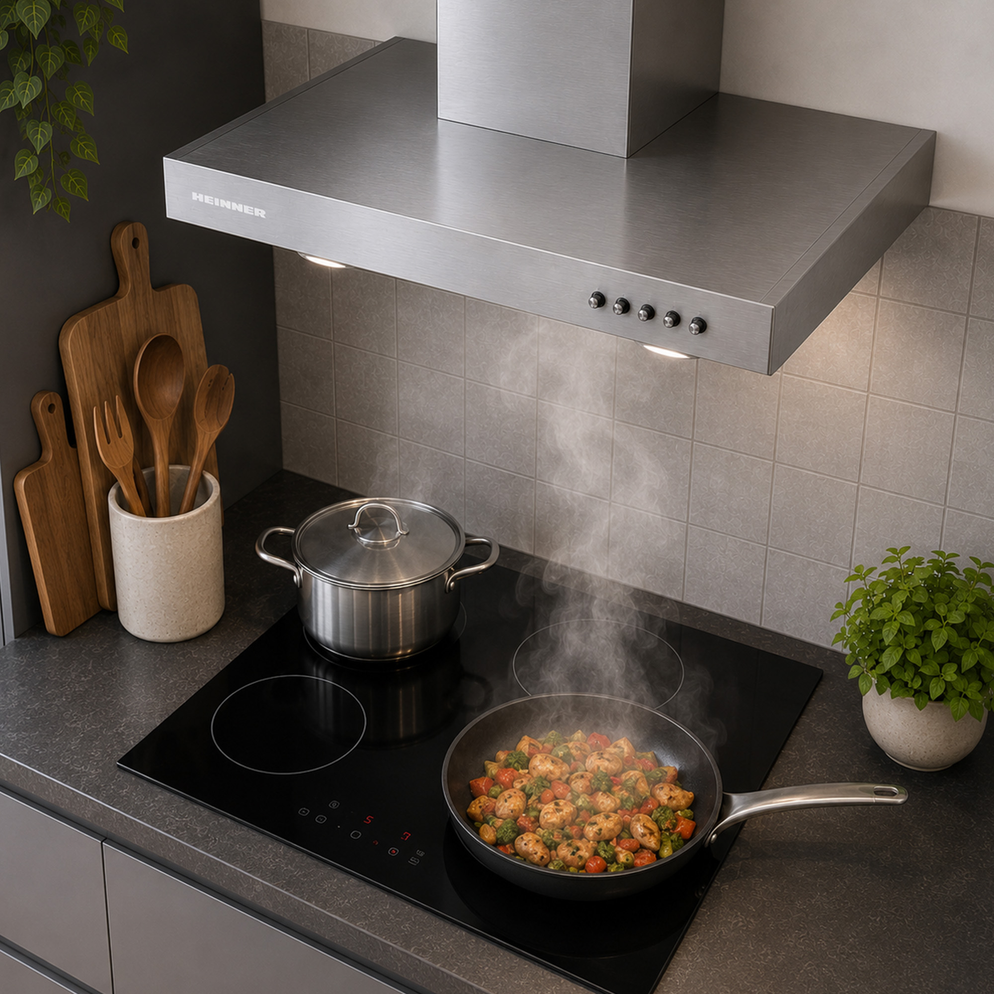A range hood above a cooktop with a steaming pan of vegetables and a pot.