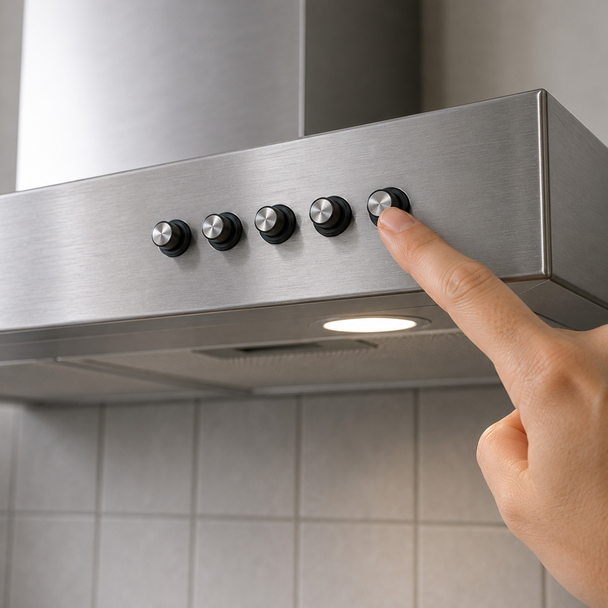 A hand presses a silver button on a stainless steel range hood in a kitchen.