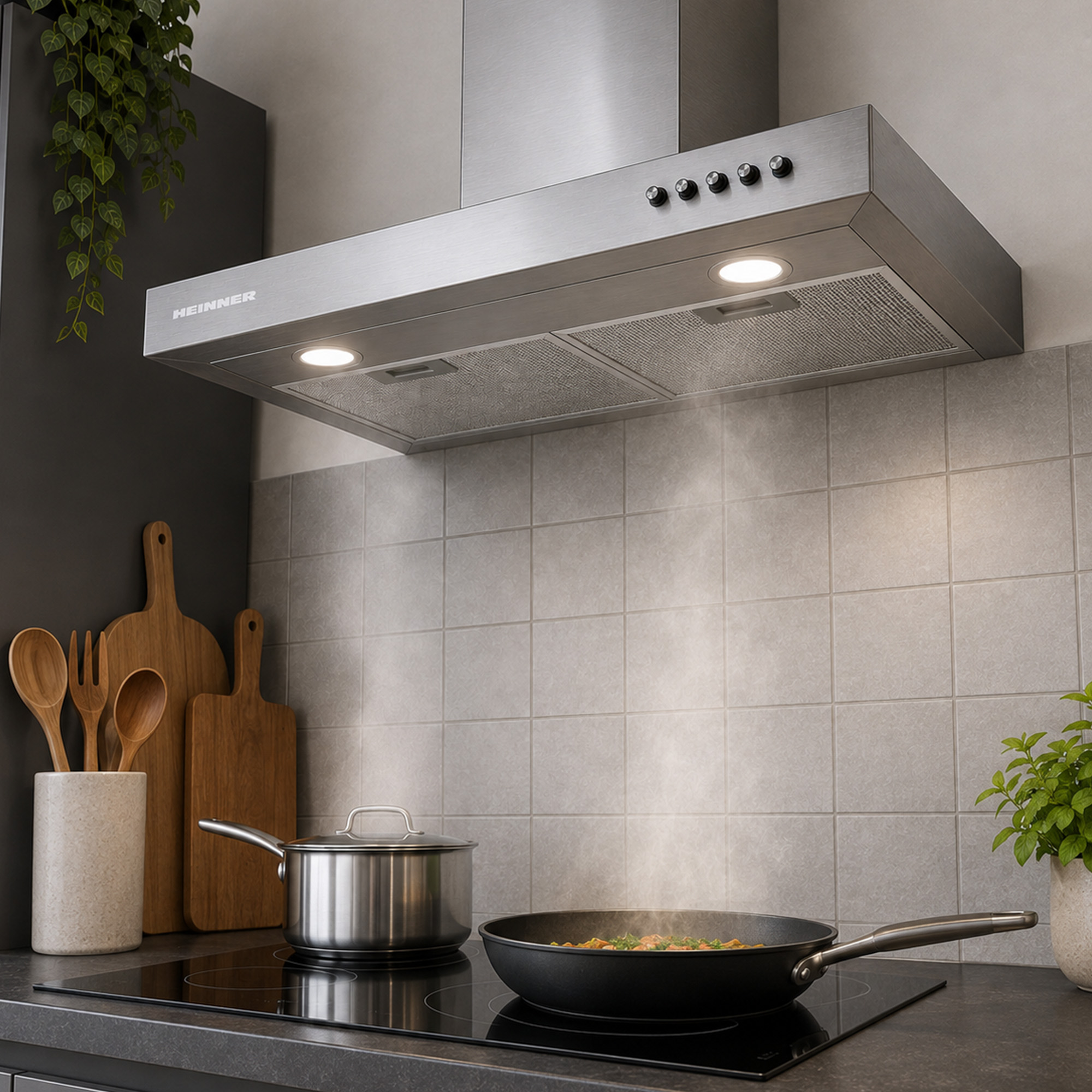 A range hood above a cooktop with a pot and a frying pan releasing steam against a tiled kitchen wall.