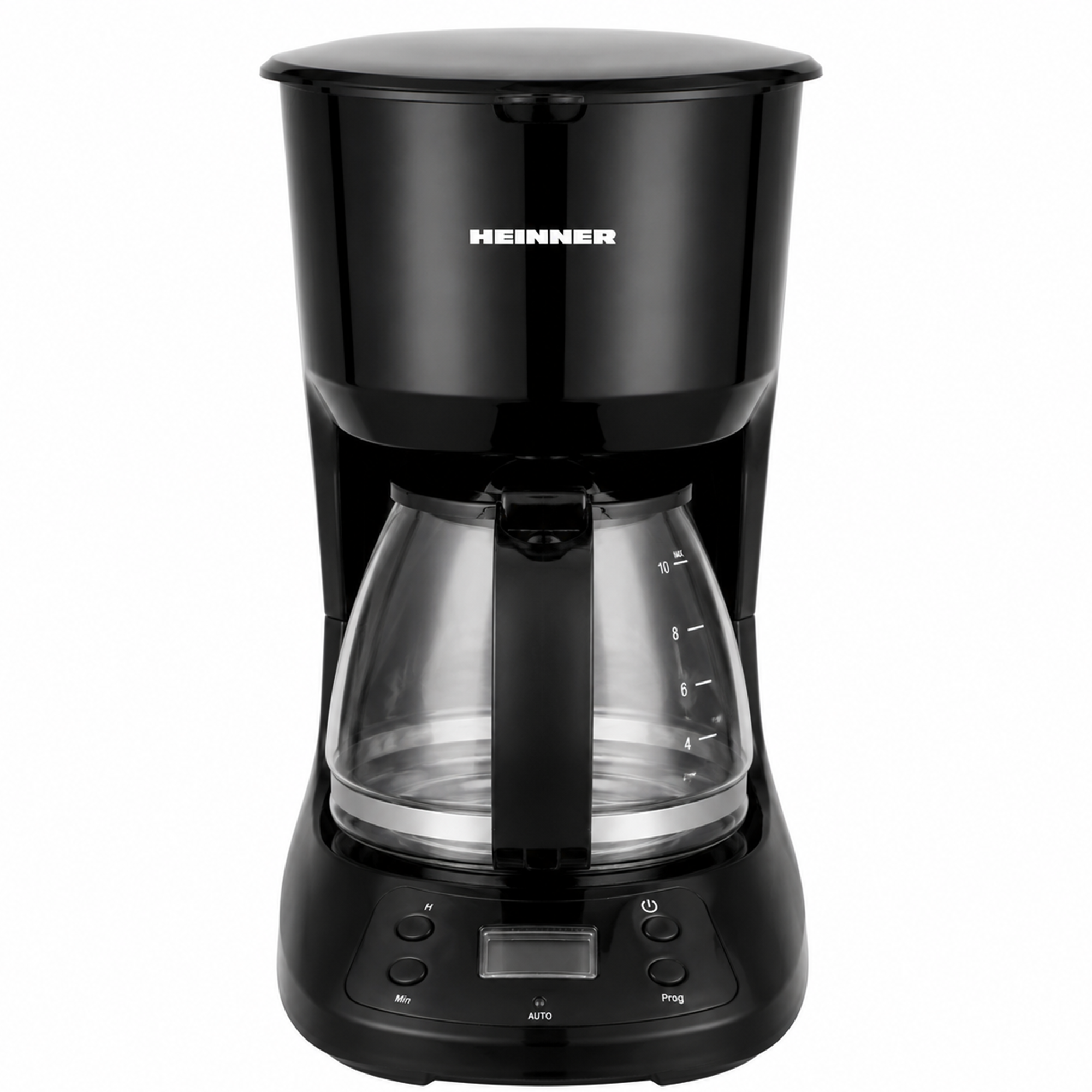 Eine schwarze Heinner-Filterkaffeemaschine mit Glaskanne, digitalem Display und Bedienknöpfen vor weißem Hintergrund.