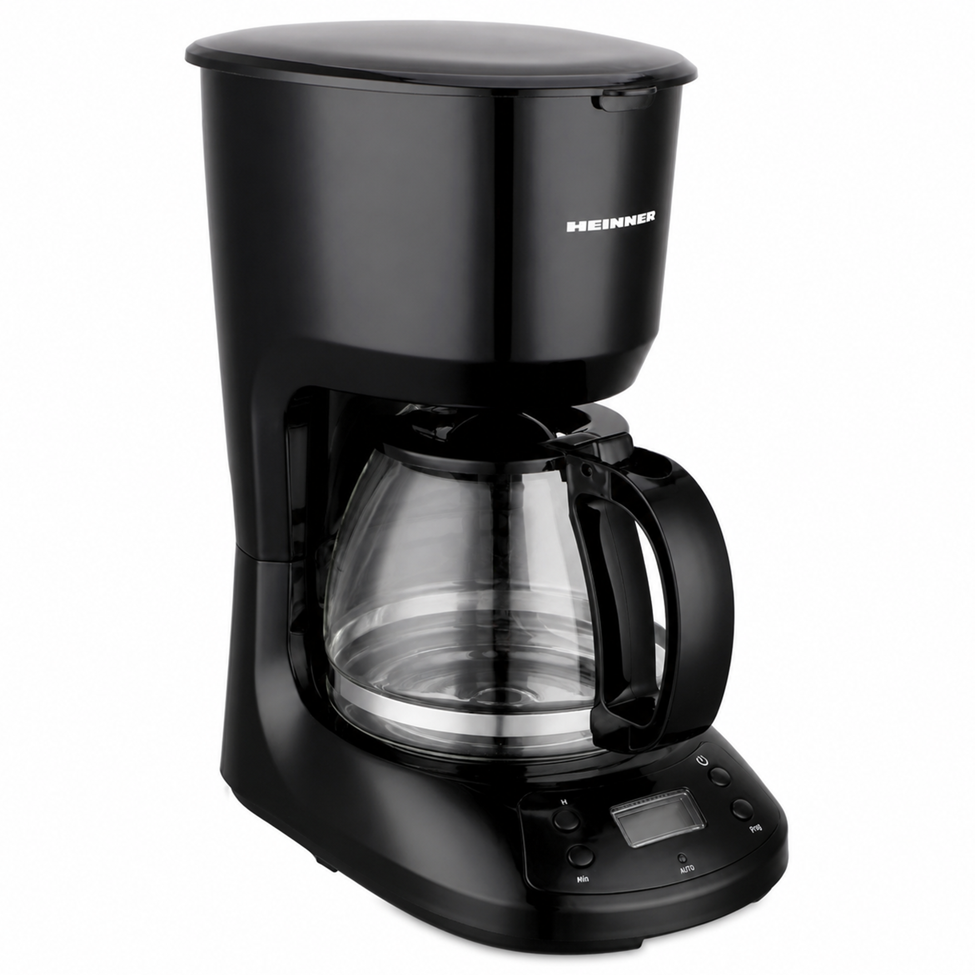 Eine schwarze Heinner Filterkaffeemaschine mit Glaskanne und digitaler Anzeige auf weißem Hintergrund.