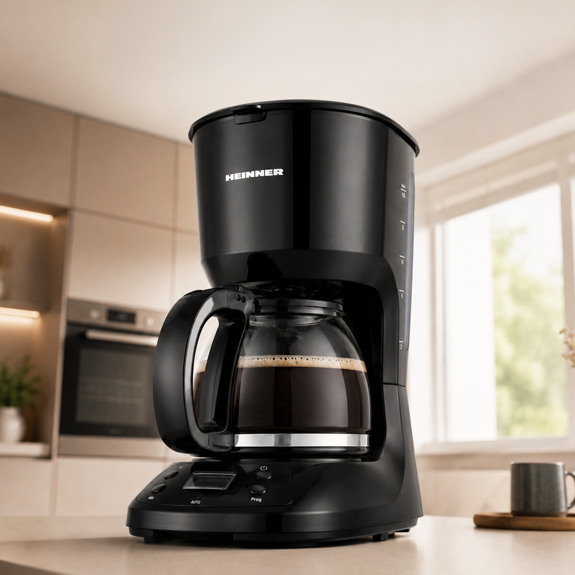 Schwarze Heinner Filterkaffeemaschine mit gefüllter Glaskanne auf einer Küchentheke.