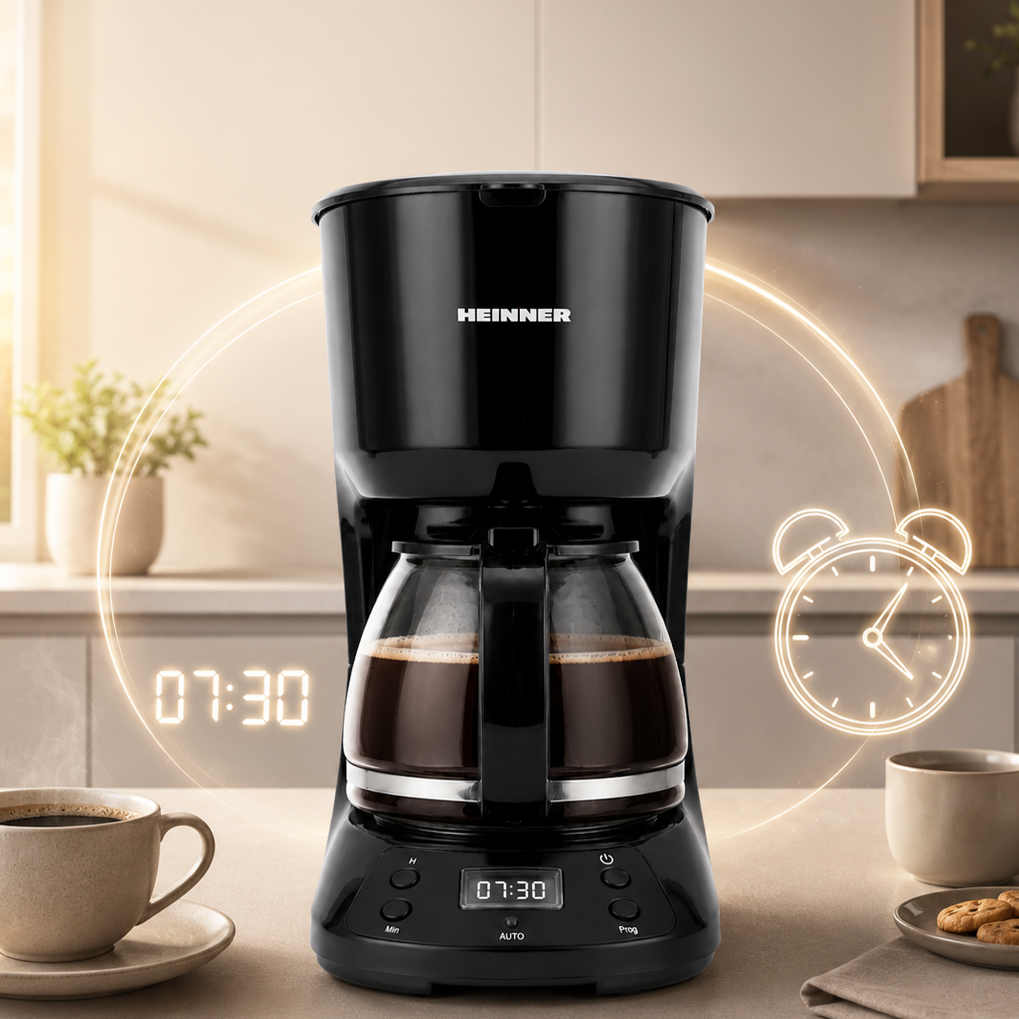 Eine schwarze Heinner Filterkaffeemaschine auf einer Küchenarbeitsplatte mit Glaskaraffe, Tassen und Weckersymbol.