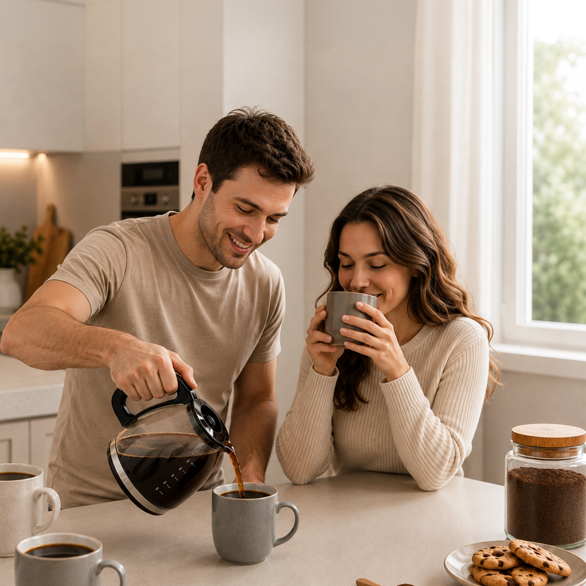 Ein Mann gießt Kaffee in eine Tasse, während eine glückliche Frau daneben aus einer Tasse trinkt.