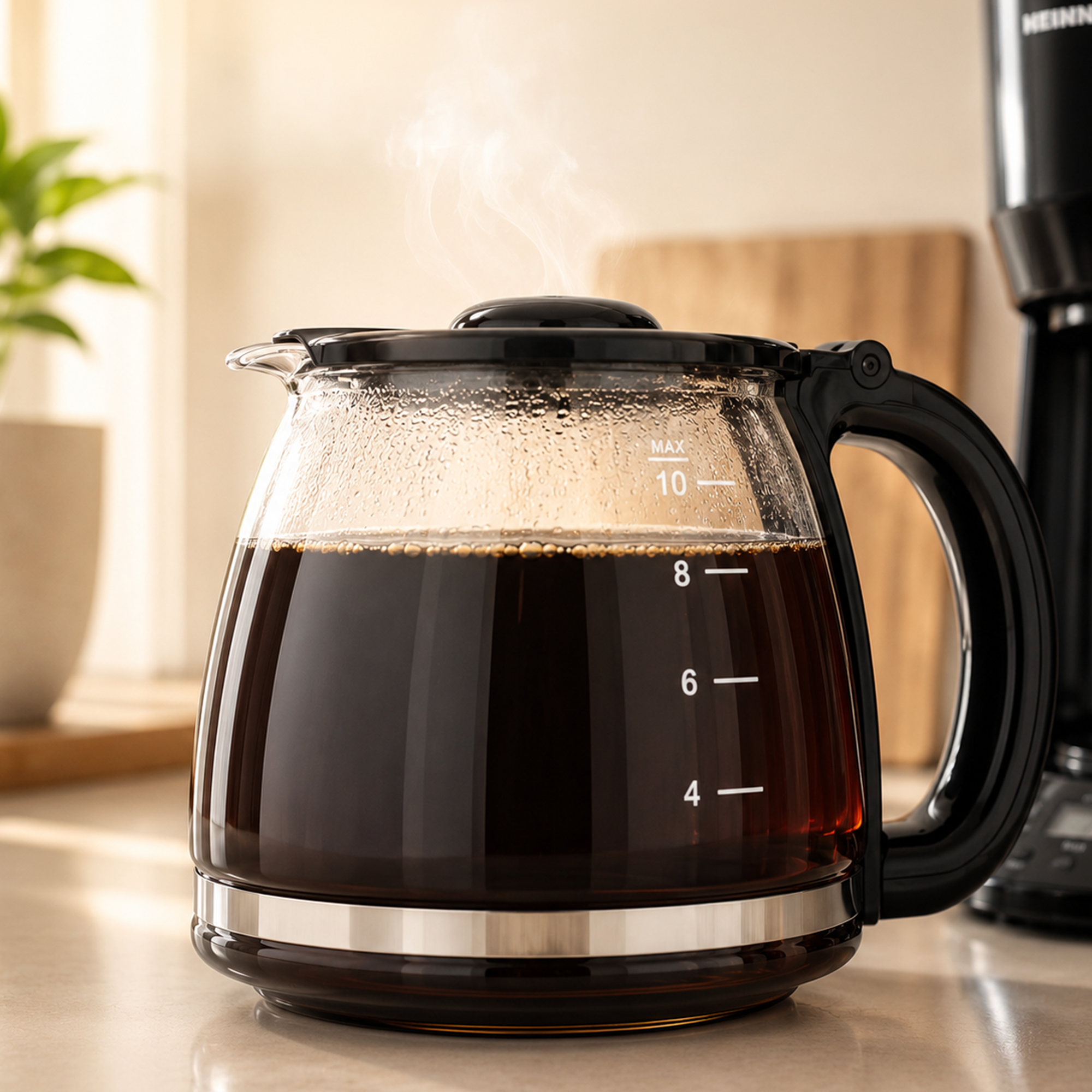 Une cafetière en verre remplie de café chaud frais et de vapeur montante repose sur un comptoir.
