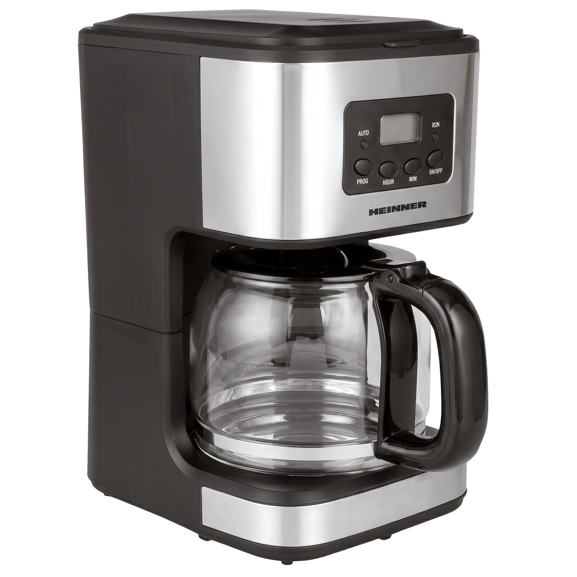 A black and silver Heinner drip coffee maker with a glass carafe on a white background.