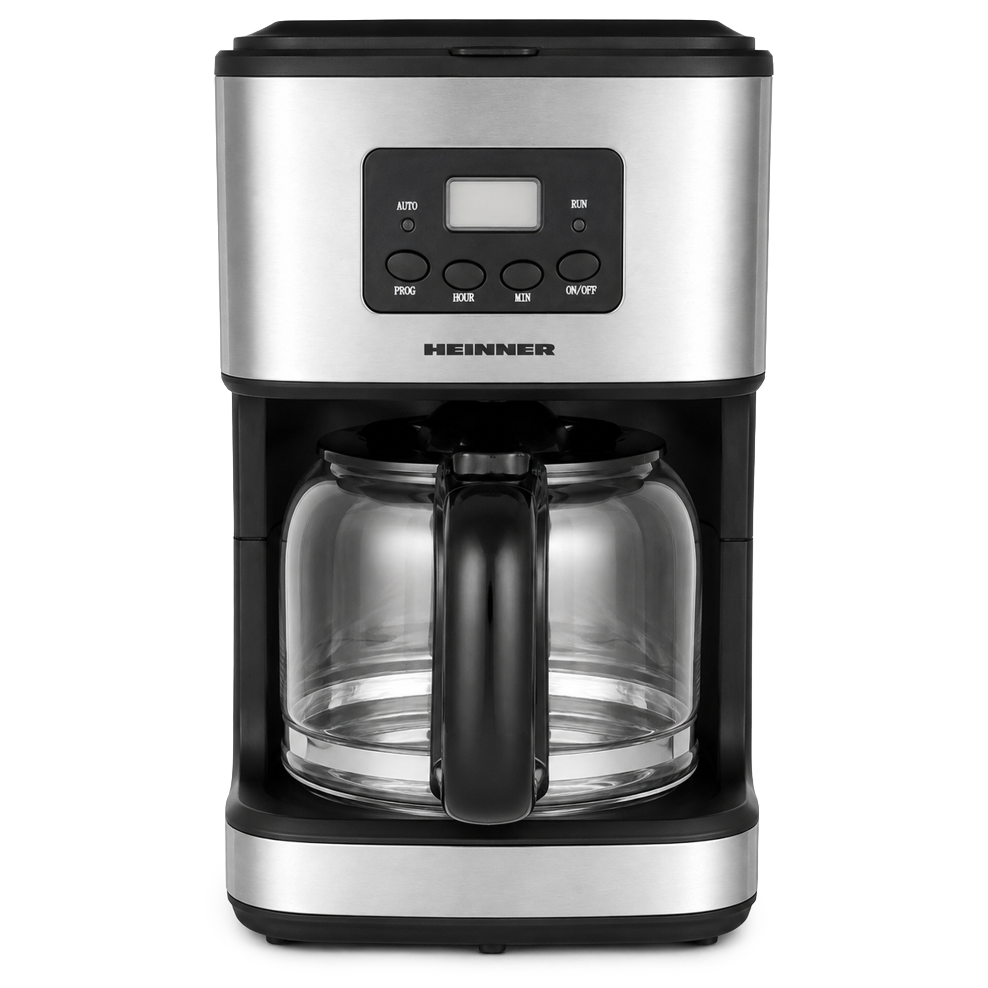 Modern stainless steel Heinner drip coffee maker with a digital display and glass carafe on a white background.