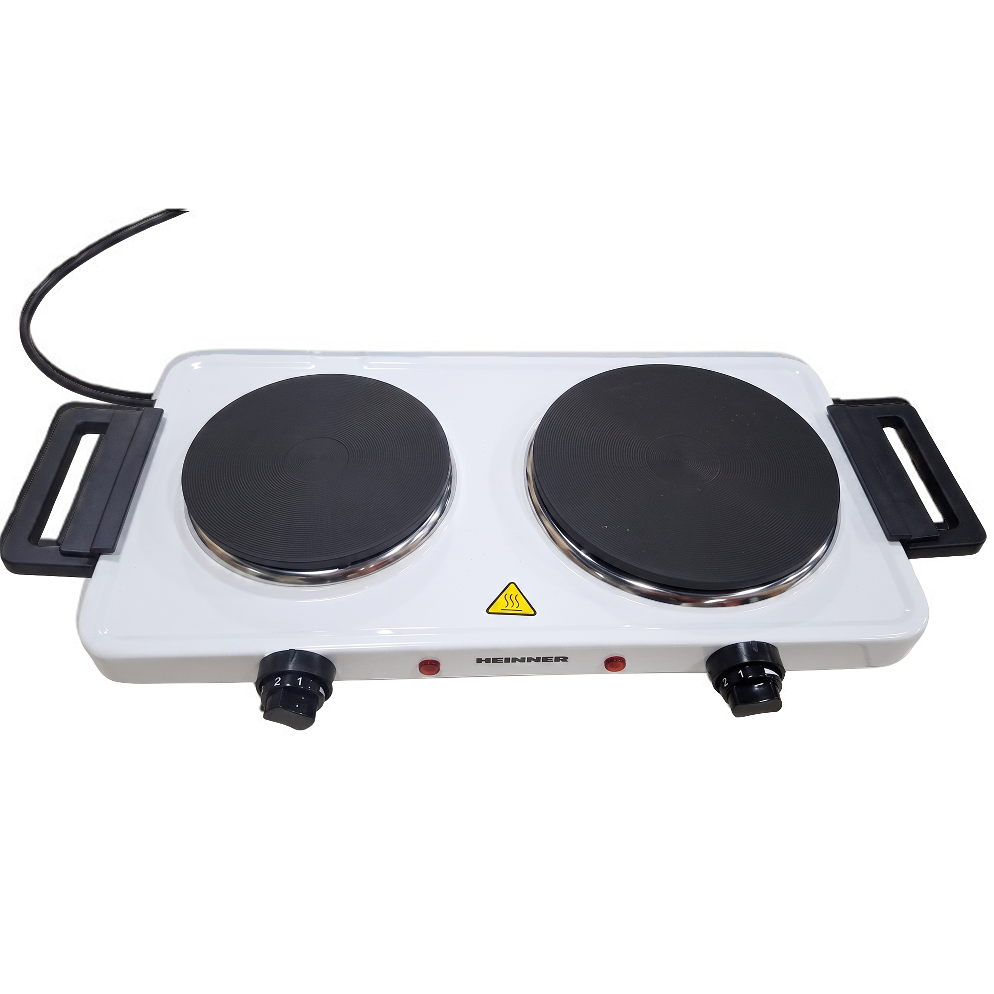 A white double hotplate featuring two black burners, side handles, and rotary control knobs on the front.