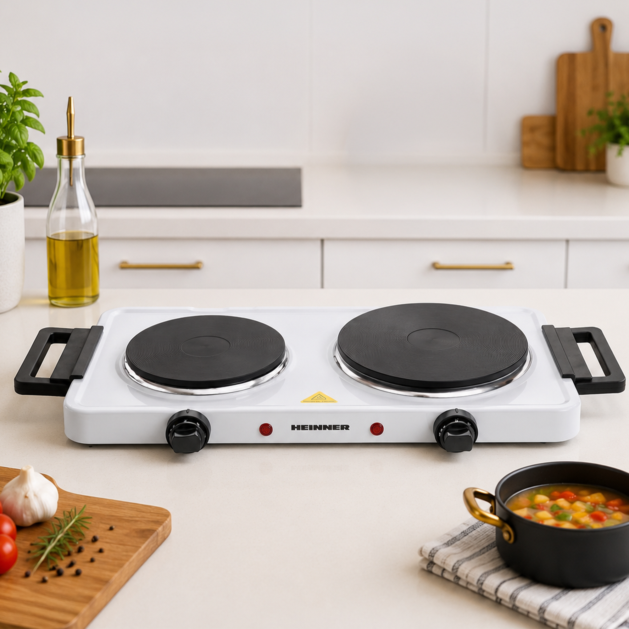 A white double hotplate with black burners and handles sits on a kitchen countertop.