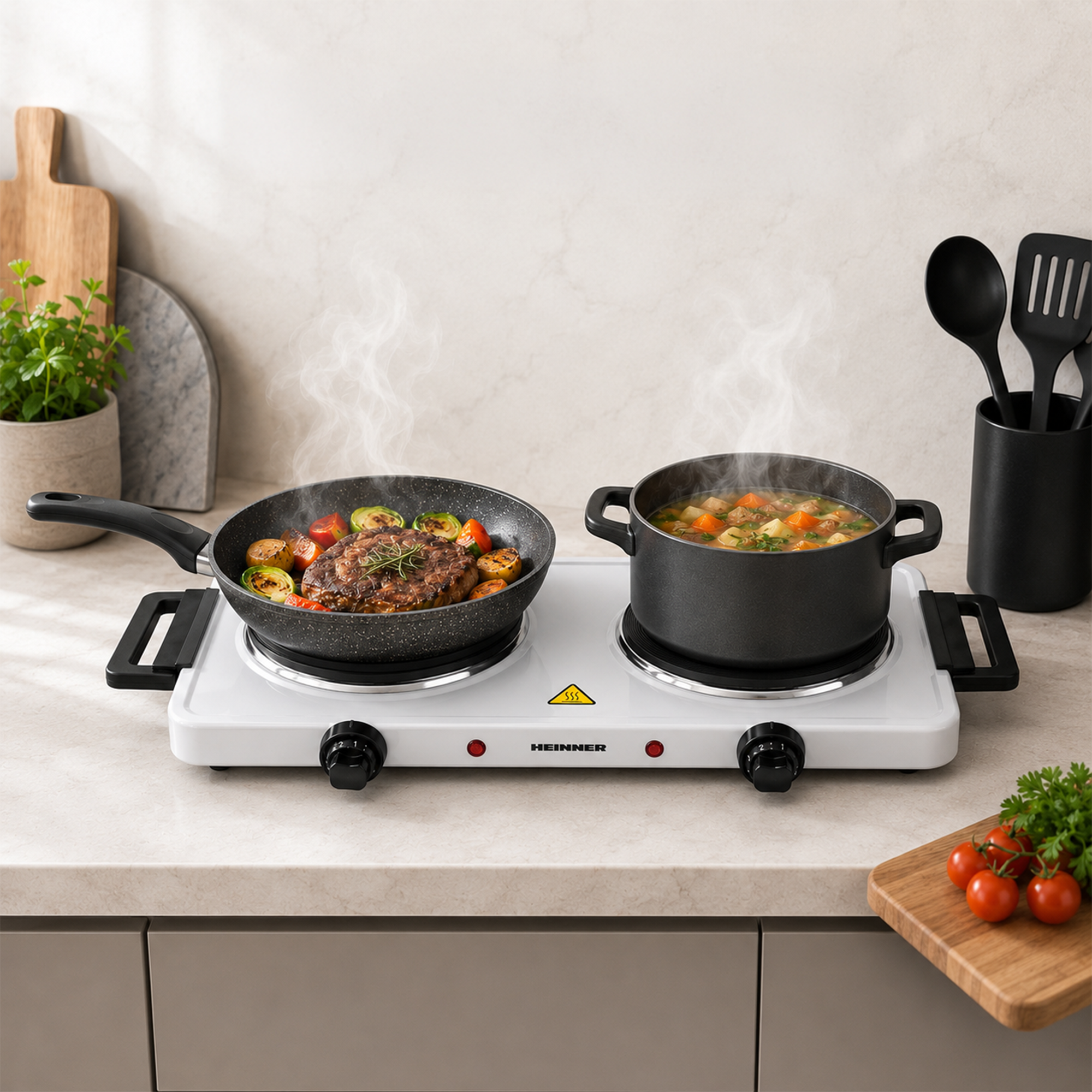 A white double hot plate with a frying pan of meat and vegetables and a pot of soup.