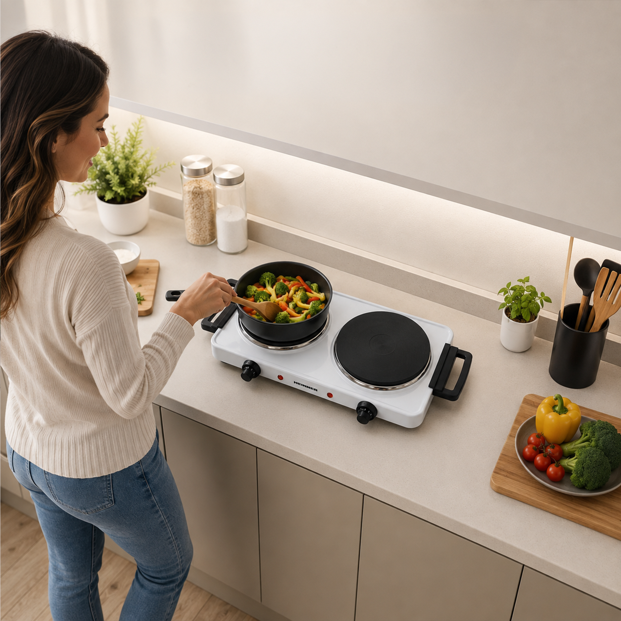 A woman stirs vegetables in a pan on a portable white electric stove in a modern kitchen.