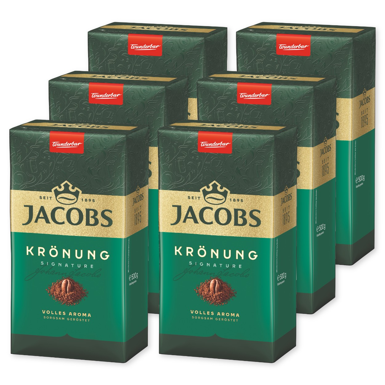 Sechs grüne Jacobs Krönung Kaffeepackungen im Stapel.