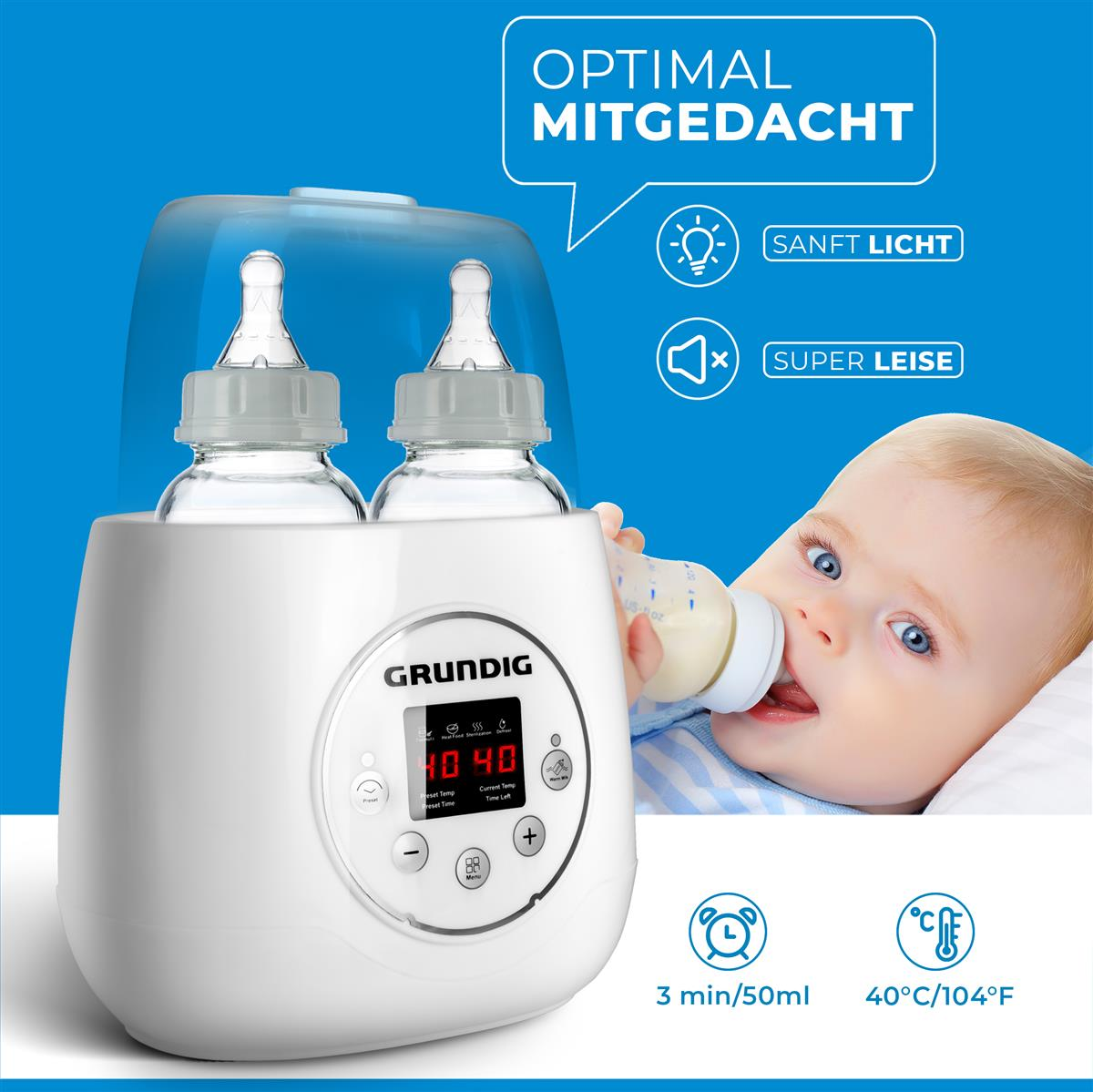 Un chauffe-biberon blanc Grundig avec deux biberons sur fond bleu, à côté d'un bébé buvant au biberon.