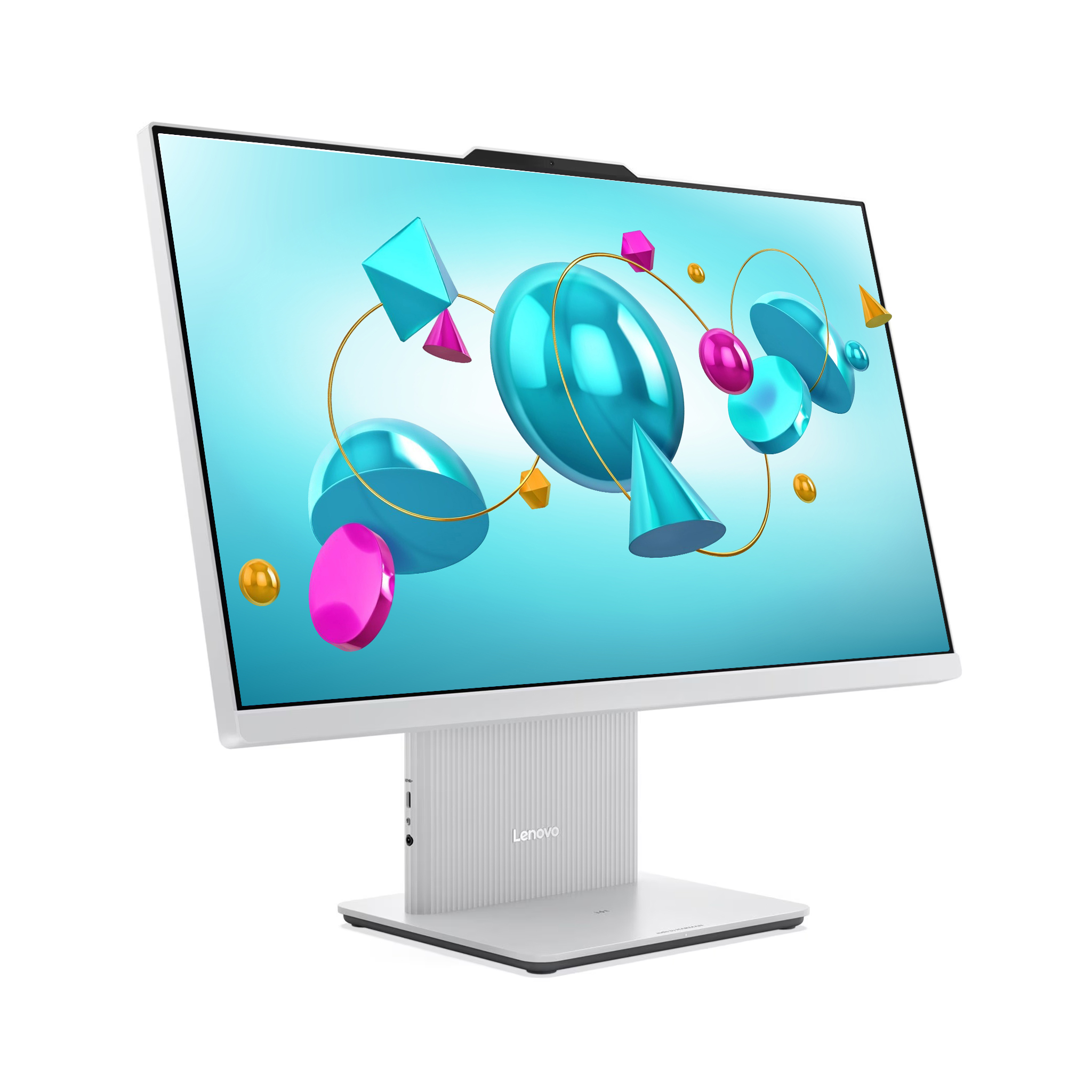 Beyaz arka planda turkuaz ekranlı ve soyut 3D şekilli beyaz Lenovo hepsi bir arada bilgisayar.