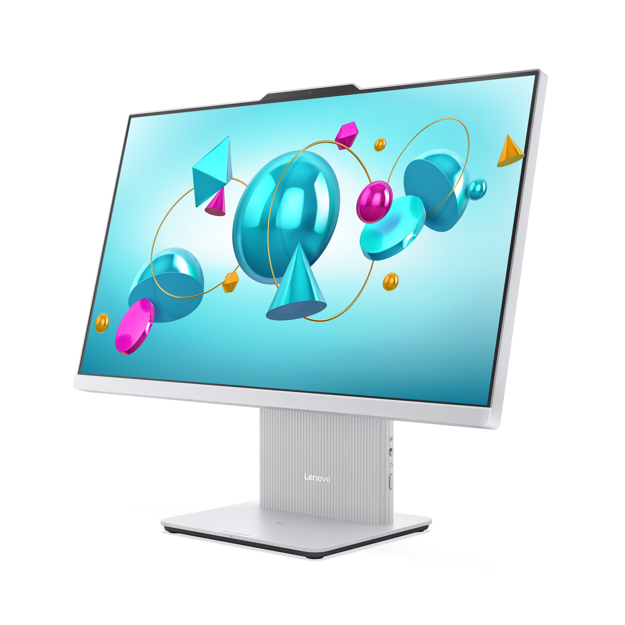 İnce çerçeveli beyaz bir Lenovo monitör, ekranda mavi ve pembe 3D geometrik desenler gösteriyor.