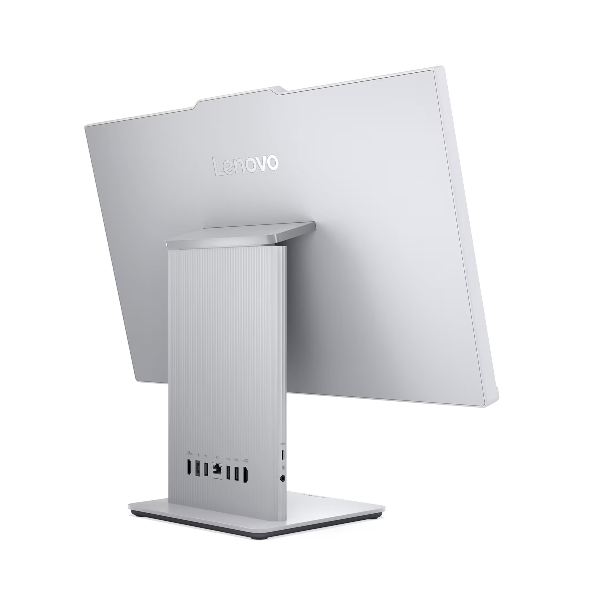Beyaz arkaplanda, standında bağlantı noktaları görünen gümüş renkli bir Lenovo hep-bir-arada PC'nin arka görünümü.