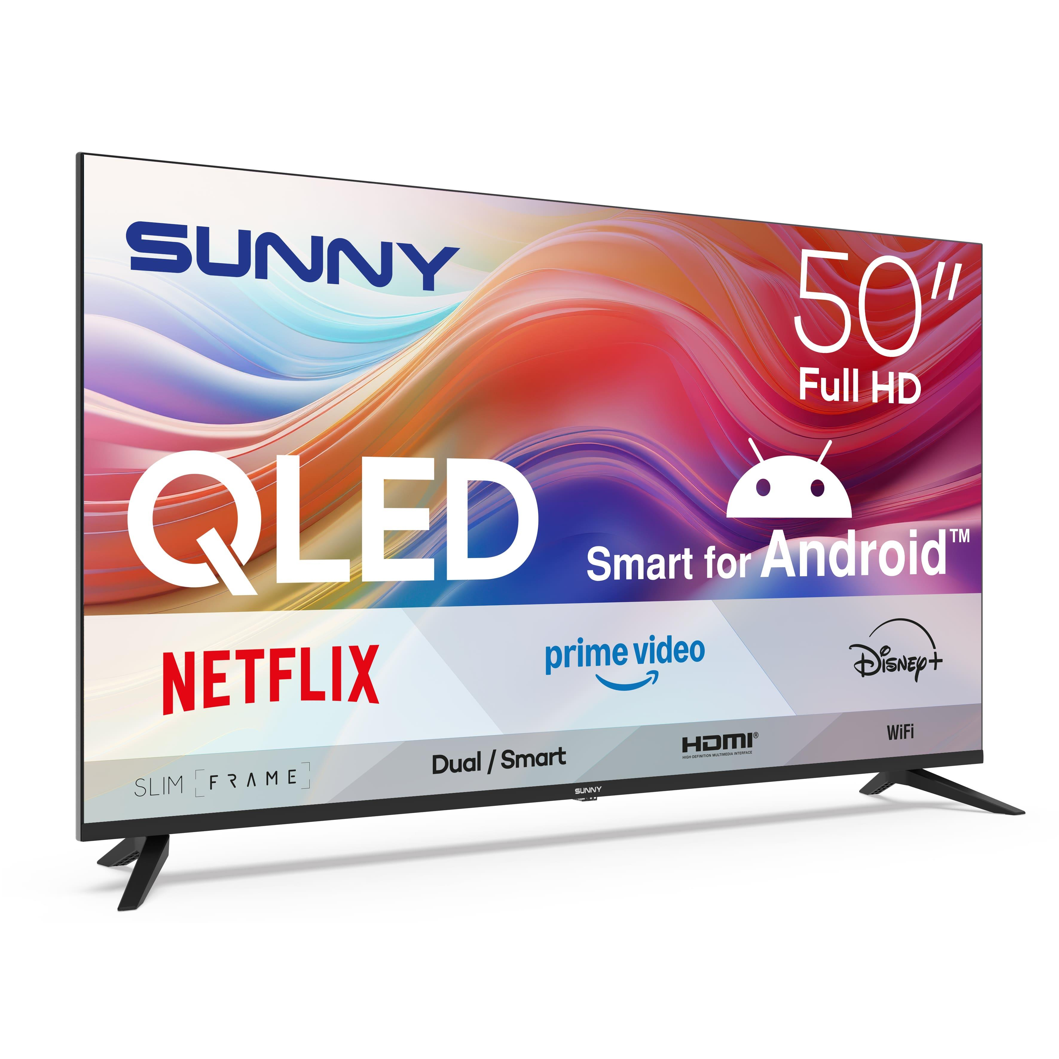 Renkli grafikler ve uygulama logoları gösteren 50 inç Sunny QLED akıllı TV.