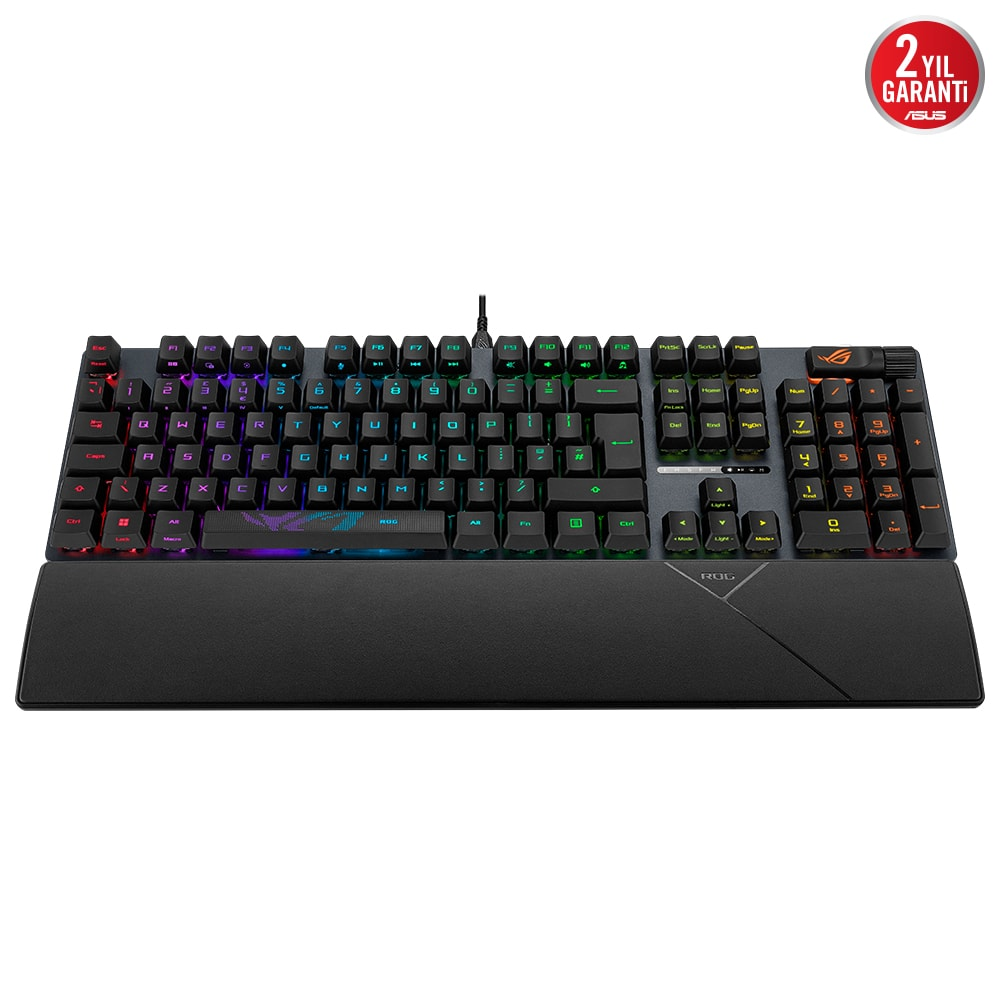 RGB arka aydınlatmalı ve çıkarılabilir bilek destekli siyah mekanik oyuncu klavyesi.