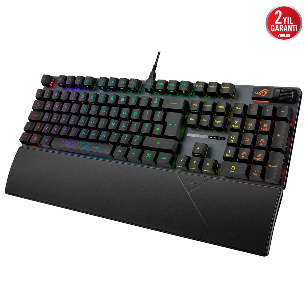 RGB aydınlatmalı ve çıkarılabilir bilek desteğine sahip siyah mekanik oyuncu klavyesi.