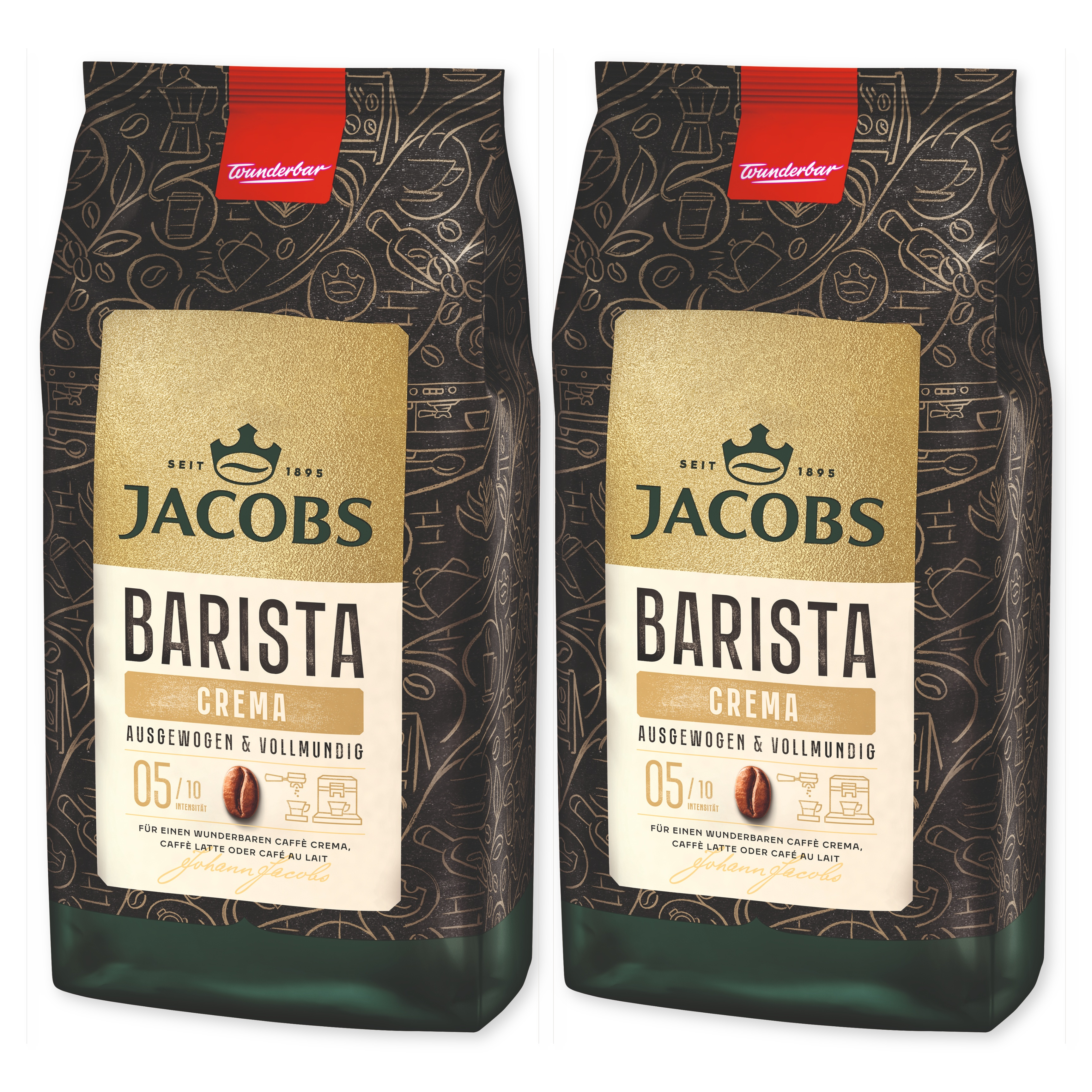Zwei Jacobs Barista Crema Kaffeepackungen mit dunkelbrauner und goldener Verpackung auf weißem Hintergrund.