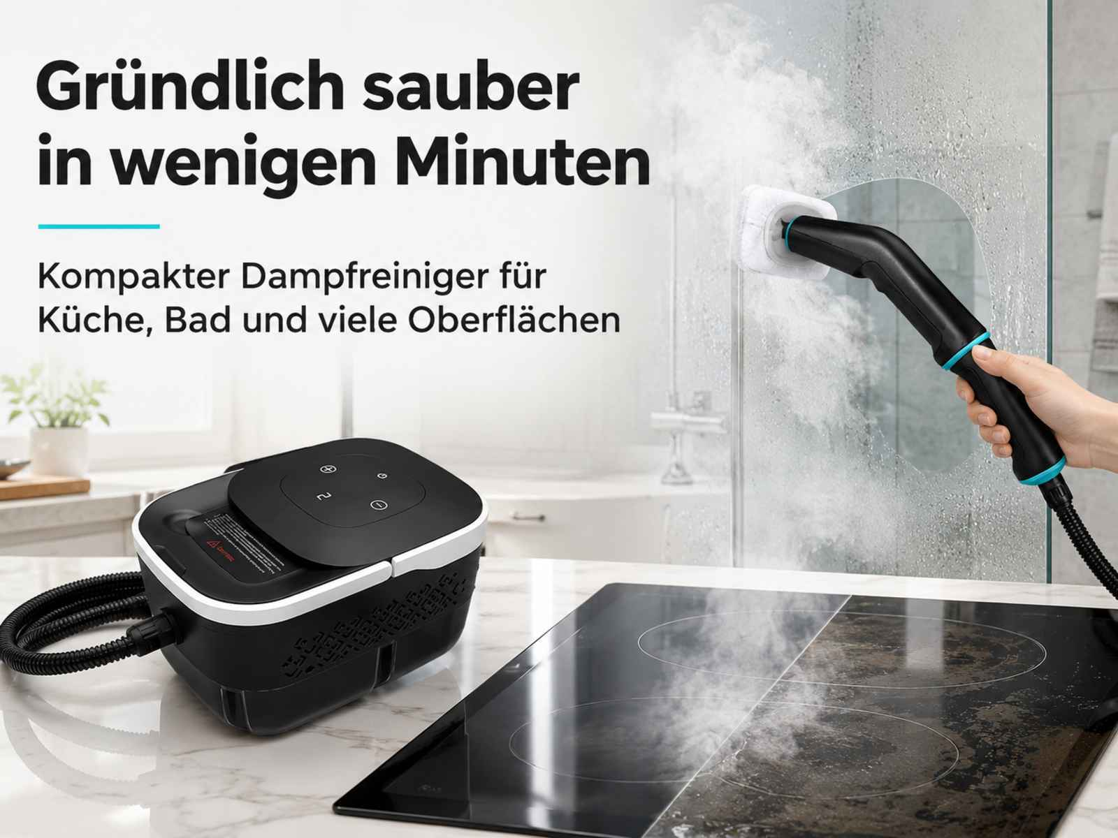 Ein schwarzer Dampfreiniger auf einer Arbeitsplatte reinigt eine Glasoberfläche mit Dampf, Text im Bild.