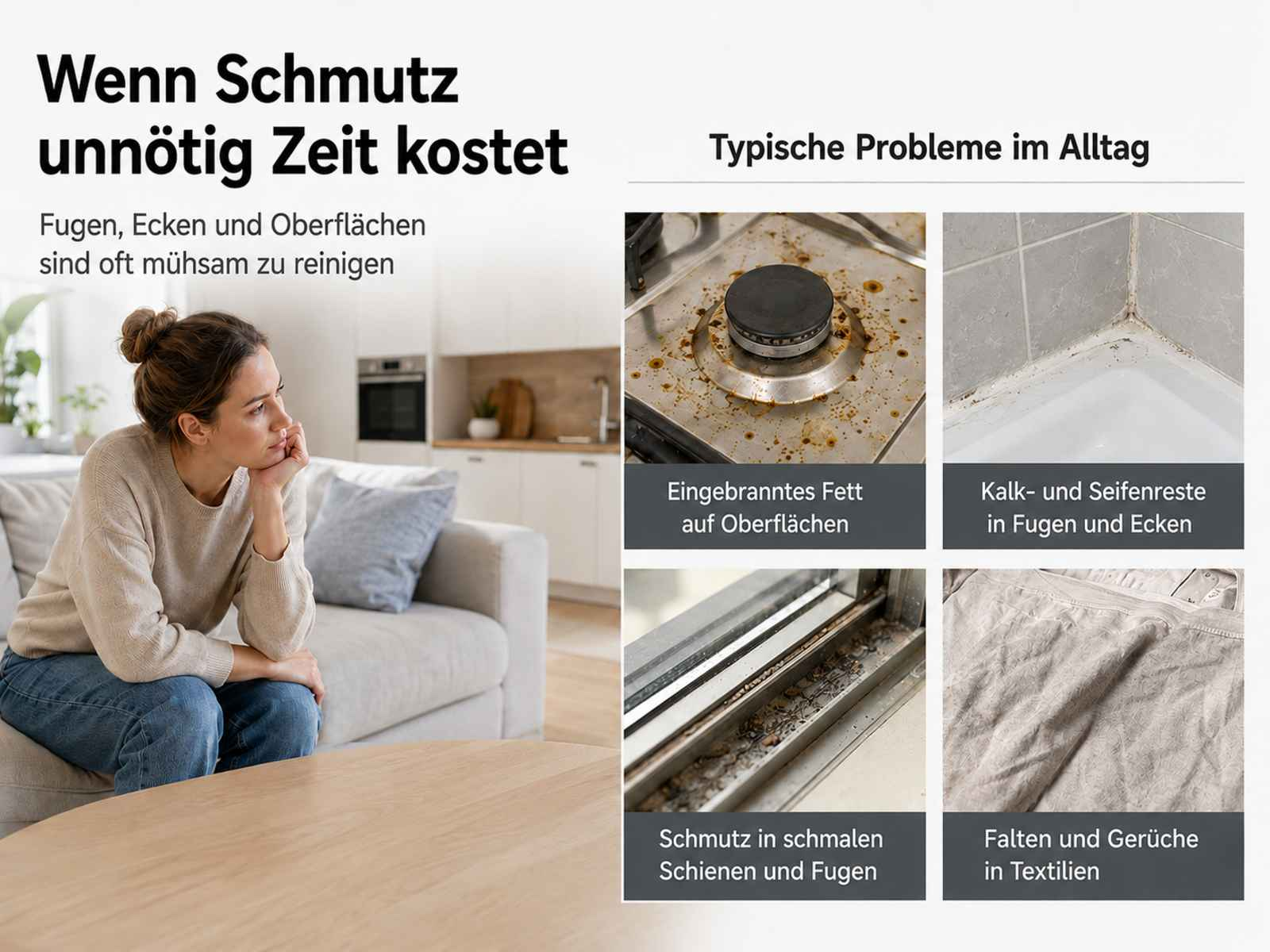 Eine Frau schaut nachdenklich in einem Wohnzimmer neben Bildern von typischen Haushaltsproblemen wie Schmutz und Fett.