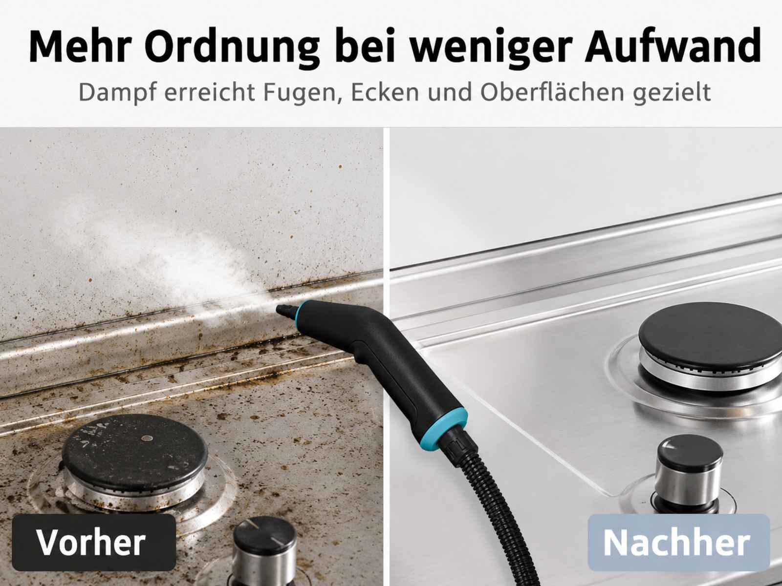 Vergleichsbild: Vorher mit schmutziger Fuge und Nachher mit sauberer Metalloberfläche beim Dampfreinigen.