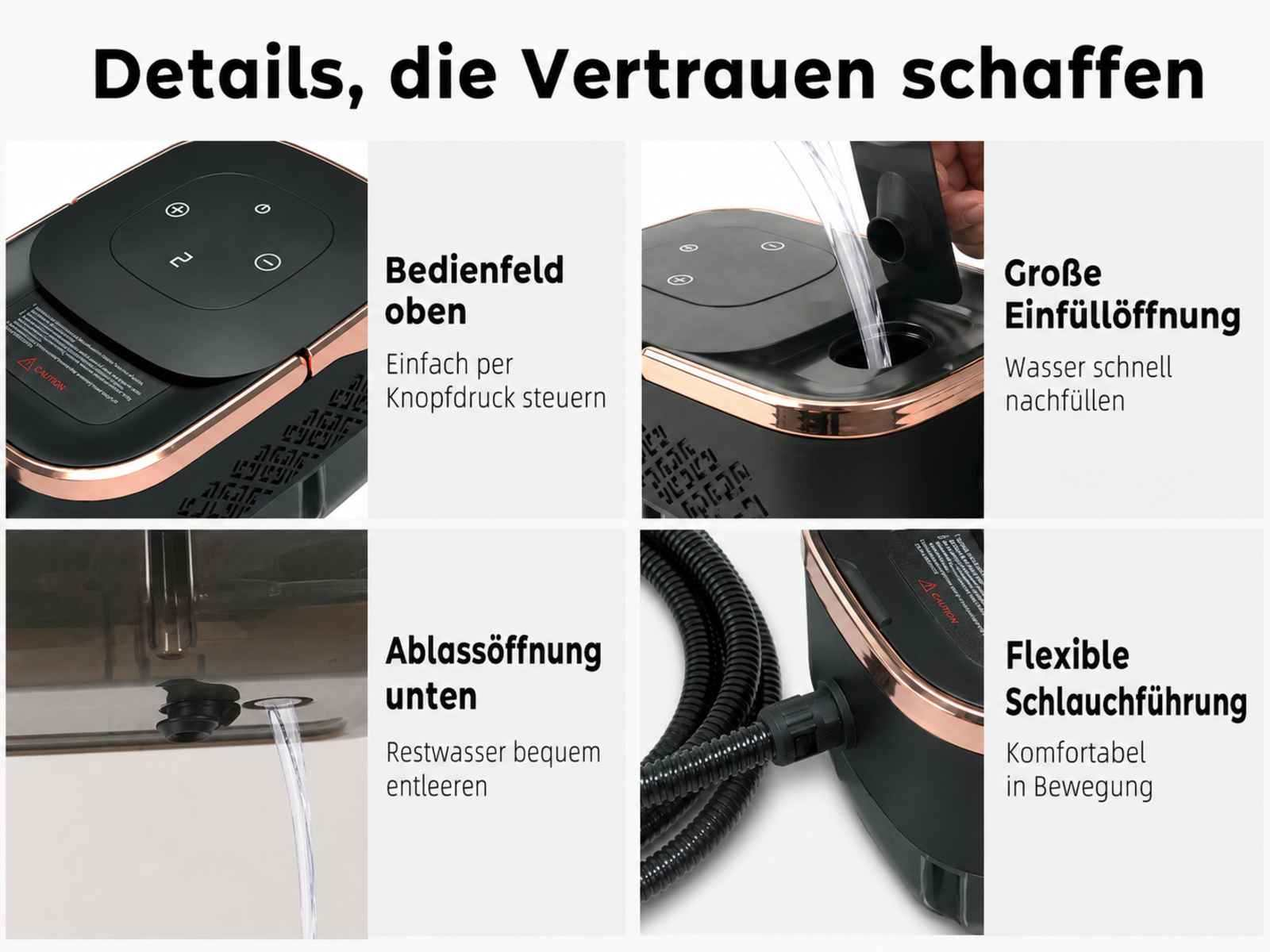Vier Produktbilder zeigen Details eines Geräts mit Bedienfeld, Wassertanköffnung, Ablassöffnung und flexiblem Schlauch.