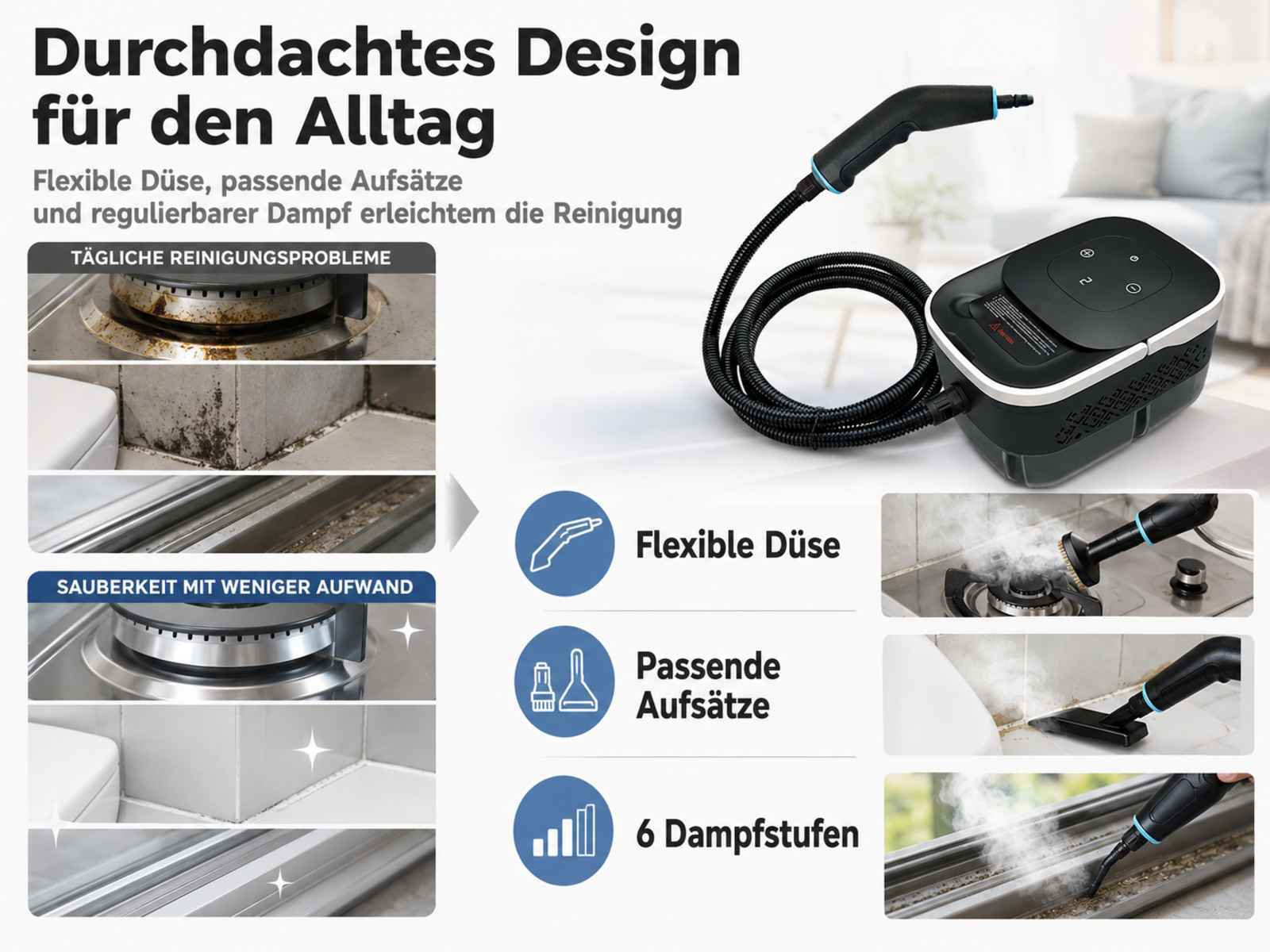 Schwarzer Dampfreiniger mit Aufsätzen und deutschem Text zu Reinigungsanwendungen.