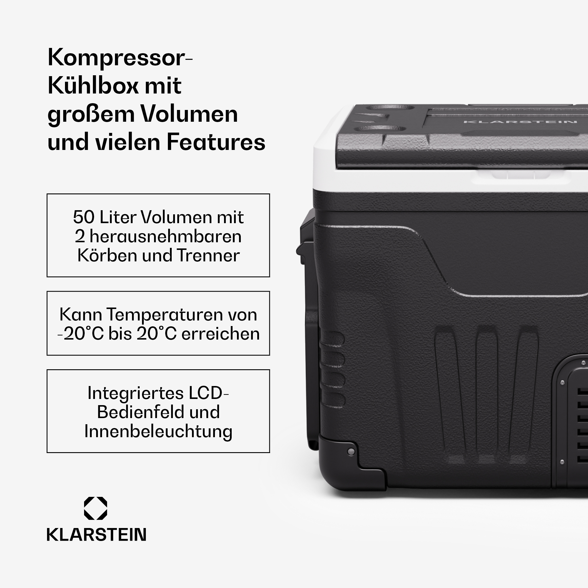 Klarstein Kompressor-Kühlbox mit 50L, LCD-Bedienfeld und Merkmalen auf weißem Hintergrund.
