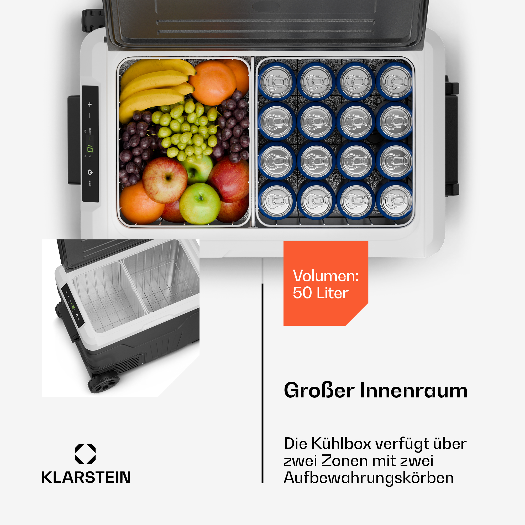 Eine 50L Klarstein Kühlbox mit Obst auf der einen und Getränkedosen auf der anderen Seite.