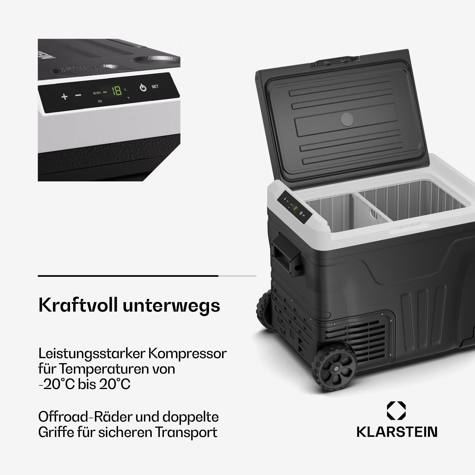 Tragbare Kompressor-Kühlbox mit Rädern, offenem Deckel, digitalem Display und Text in deutscher Sprache.