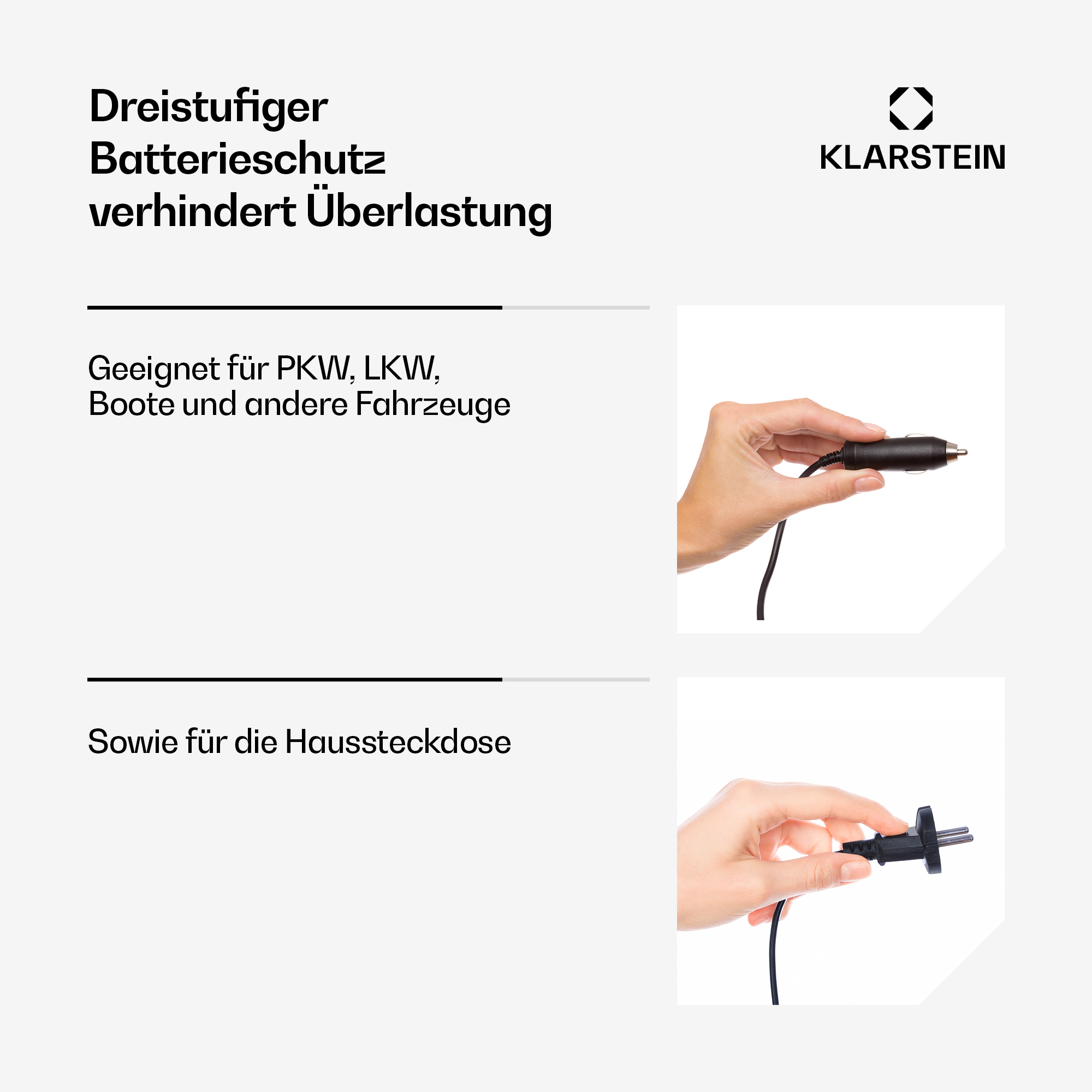 Klarstein Grafik mit Hand, die einen KFZ-Stecker und einen Steckdosenstecker hält, und deutschem Text.