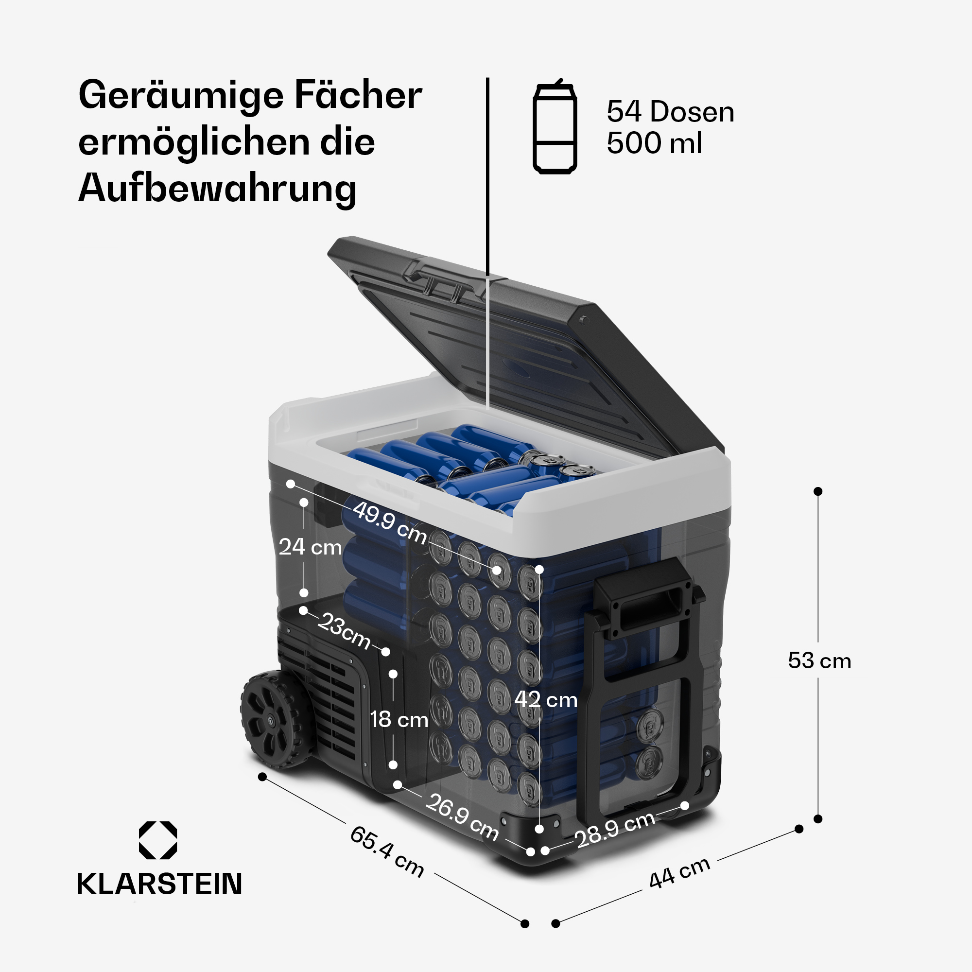 Technische Zeichnung einer schwarzen Kühlbox mit Maßen und gefüllt mit blauen Dosen.