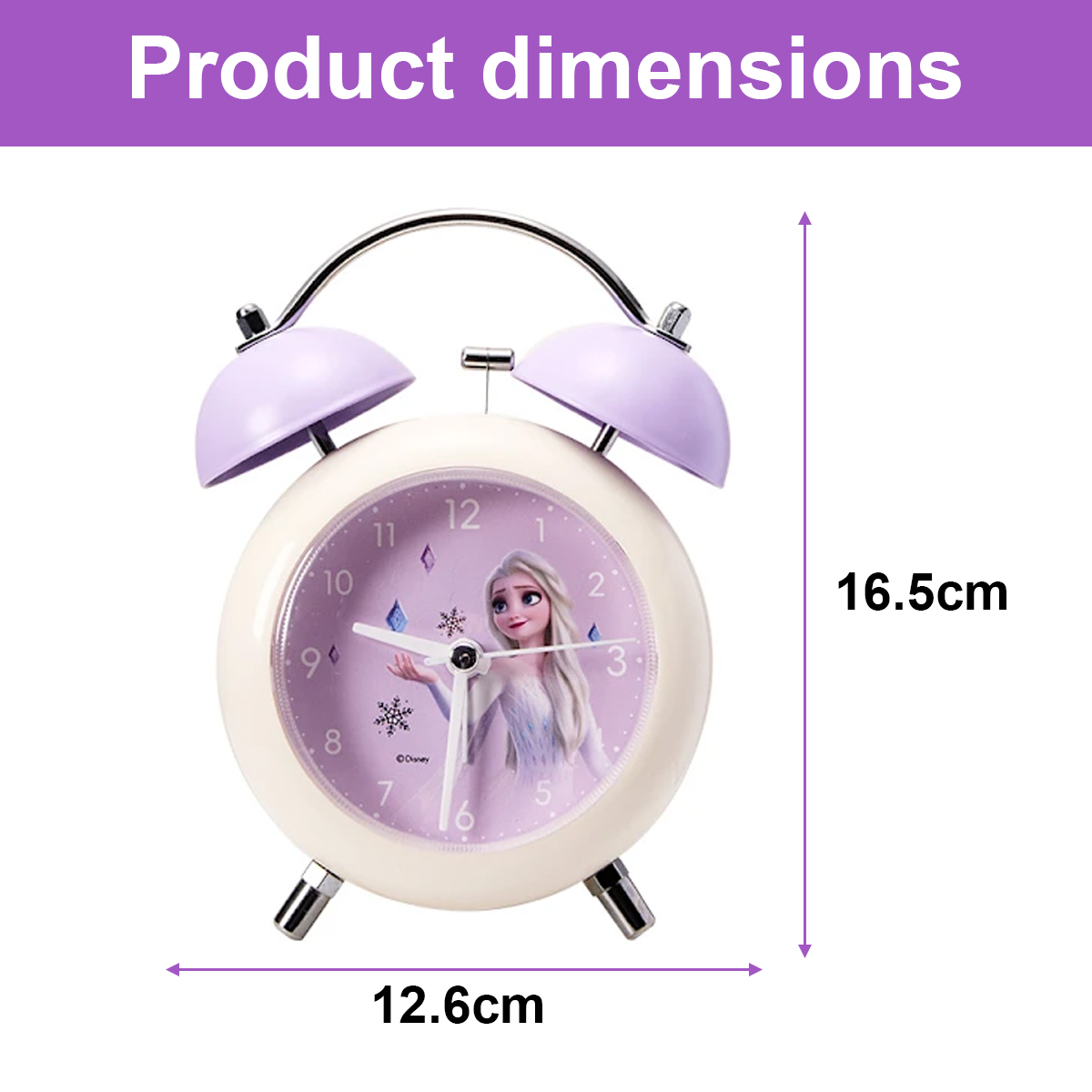 Lila Elsa-Wecker mit Produktabmessungen: 16.5cm Höhe und 12.6cm Breite.