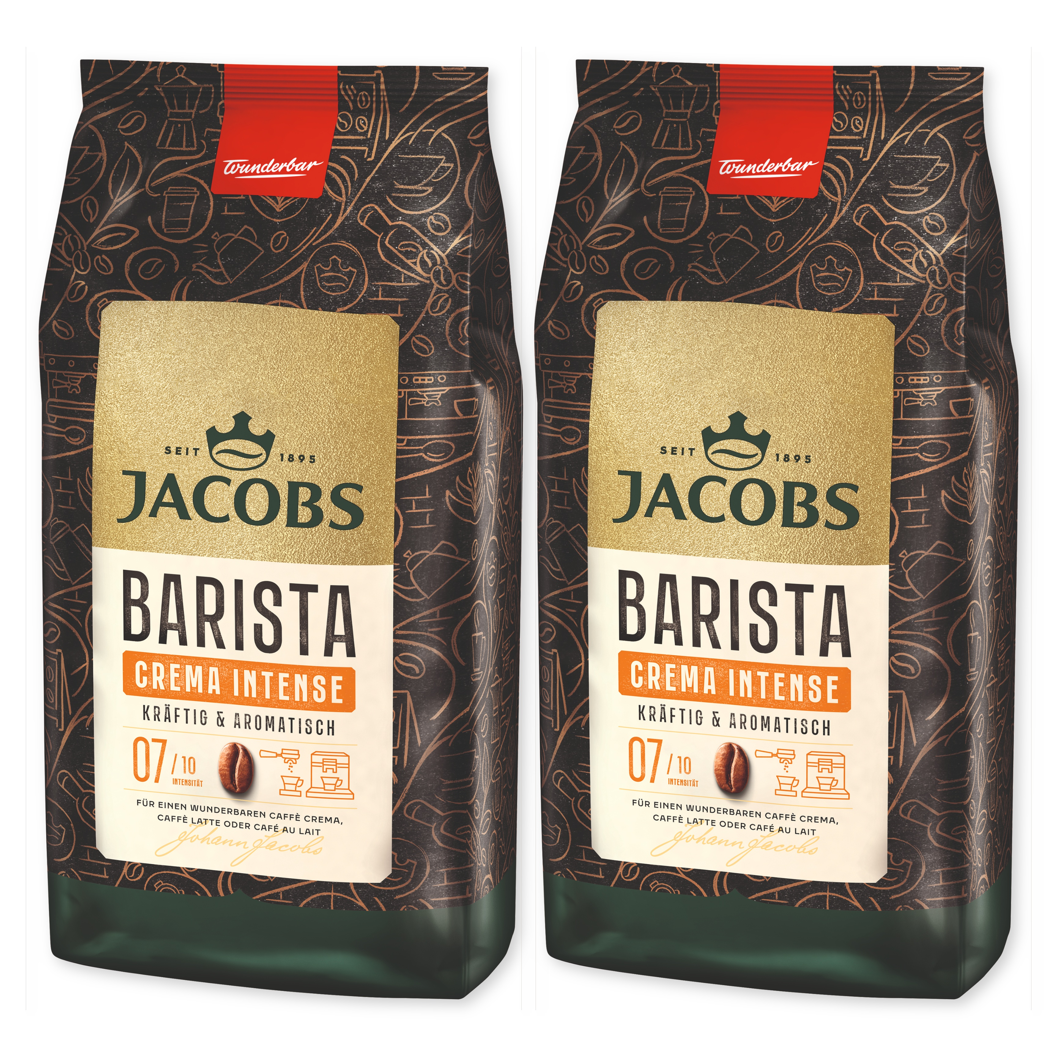 Zwei Jacobs Barista Crema Intense Kaffeebohnenpackungen mit braunem Design und goldener Etikettierung.