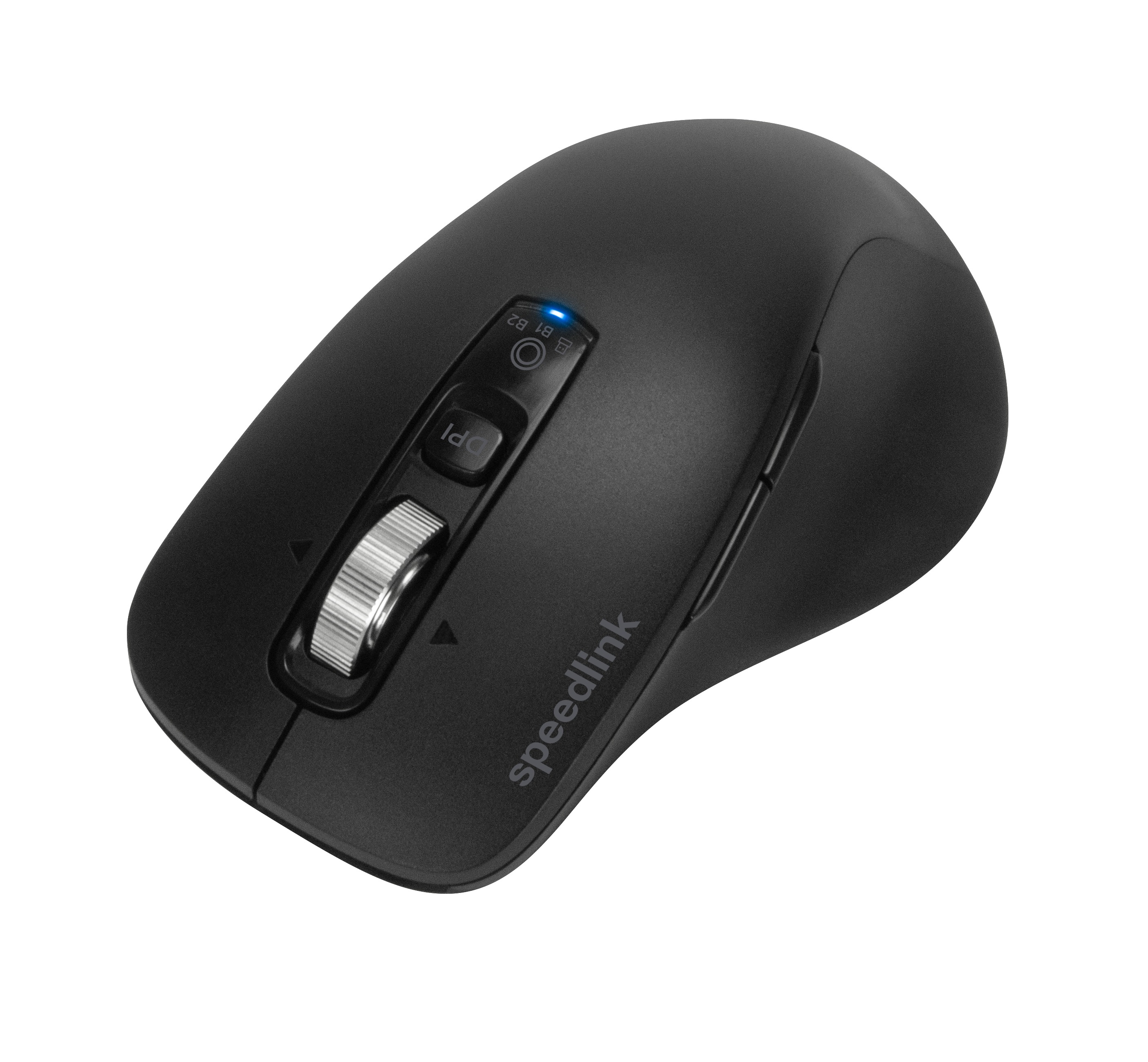 Schwarze Speedlink-Computermaus mit silbernem Scrollrad und DPI-Taste auf weißem Hintergrund.